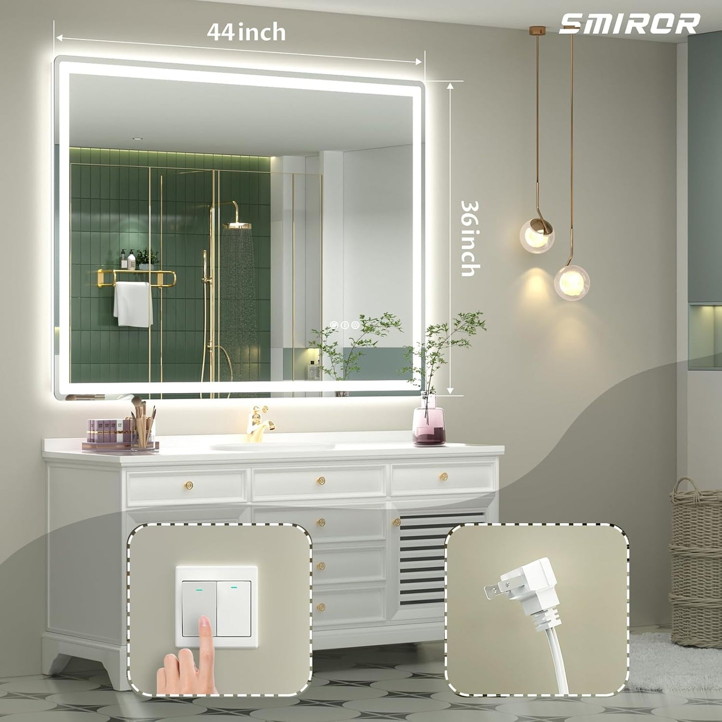 SMIROR LED Bathroom Mirror with Lights 44"x 36", Rounded Rectangle Lighted Vanity Mirror for Wall, Front Lit and Backlit, 3 Colors, Dimmable, Anti-Fog, Tempered Glass (Horizontally/Vertically)