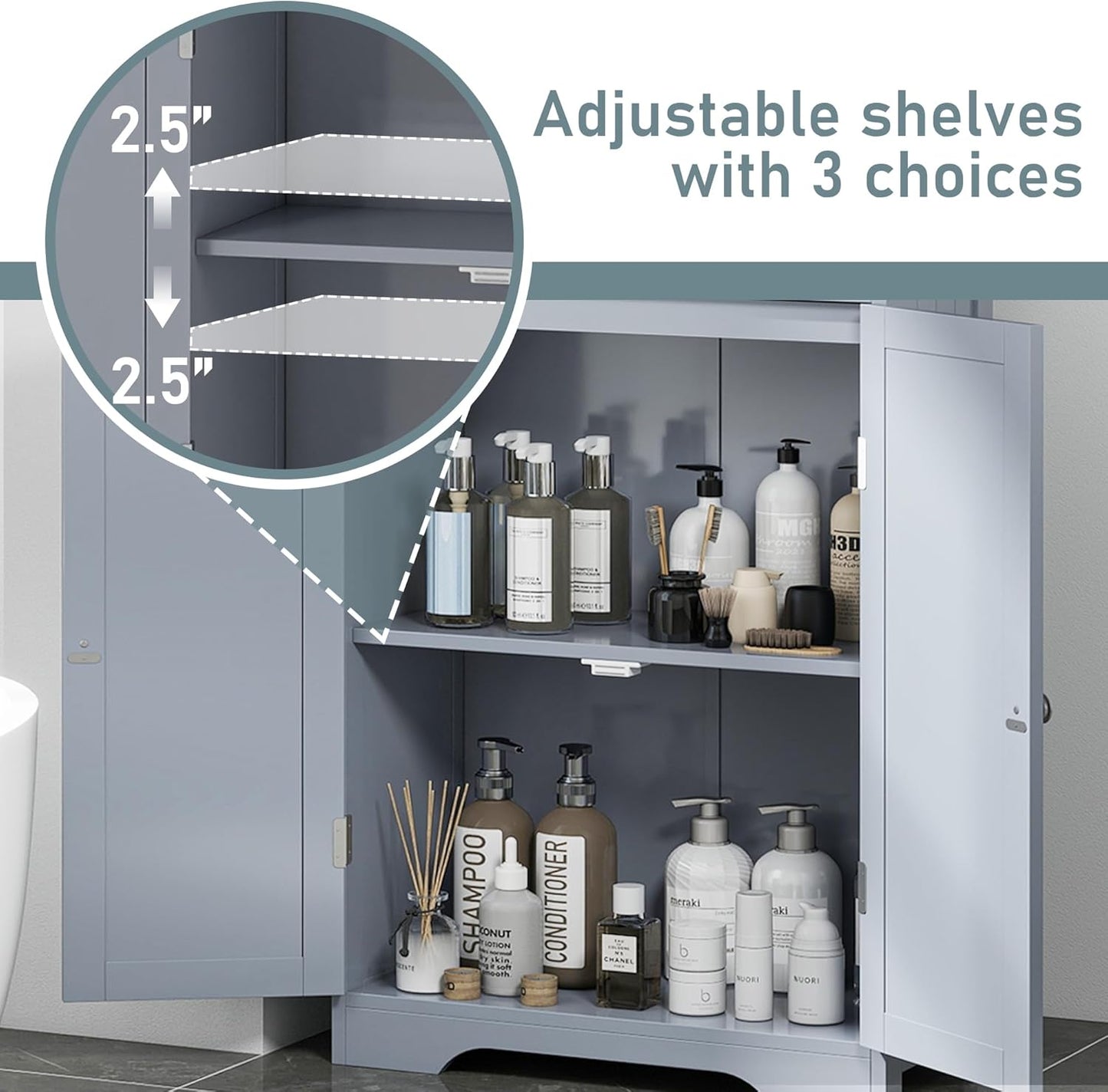 TOLEAD 67" Tall White Bathroom Cabinet Storage Cabinet, Freestanding Storage Cabinet with Glass Door and Adjustable Shelves, Bathroom Cabinet for Living Room, Kitchen, Dining, (Grey)