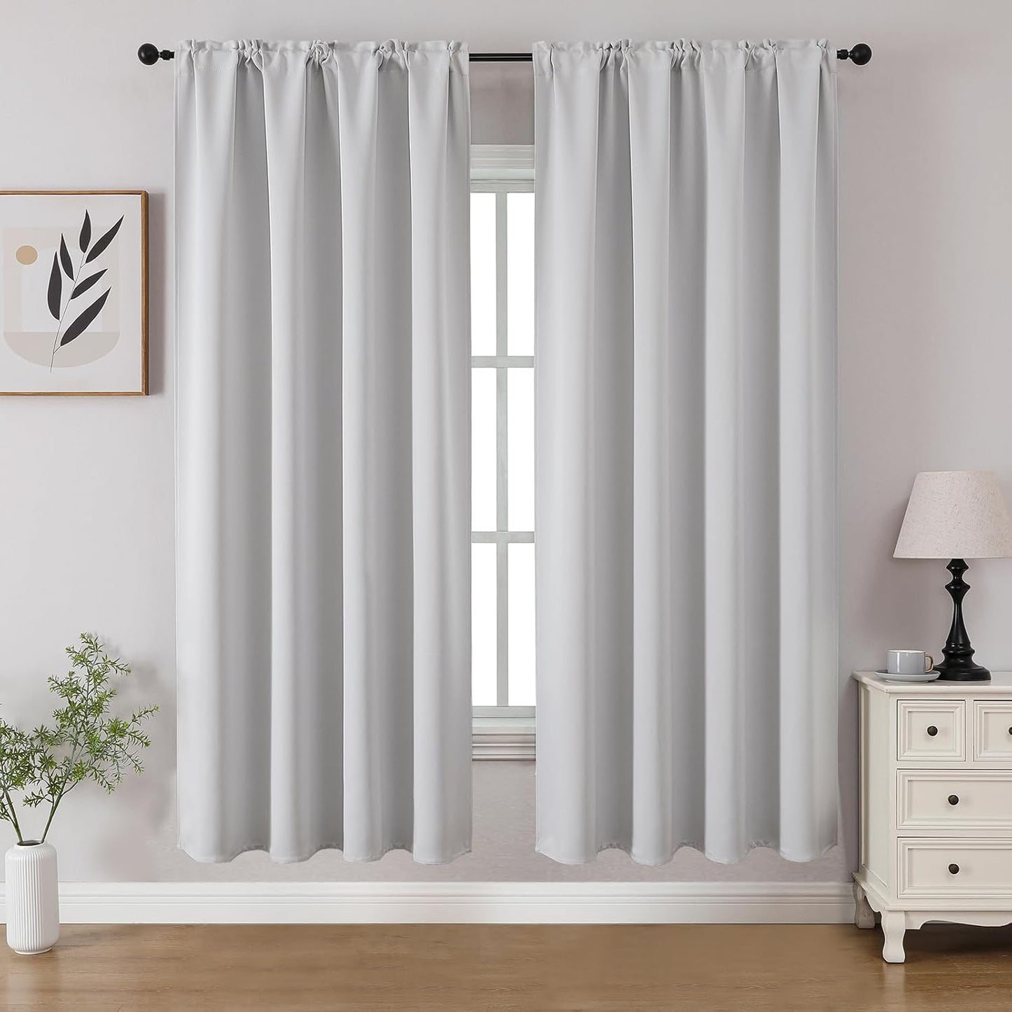 CUCRAF Grayish White Blackout Curtains 63 inch Length 2 Panels Set, Rod Pocket Room Darkening Drapes for Bedroom Living Room, Insulated Thermal Light Blocking Window Curtain (W52 x L63 Inch)