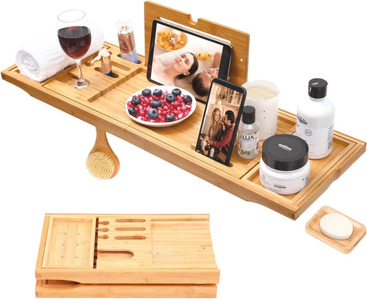 Bathtub Tray Ohuhu Premium Bamboo Bathtub Caddy Tray Expandable Foldable Bath Tray with Anti-Slip Grips Soap Wine Phone Holder Mothers Day