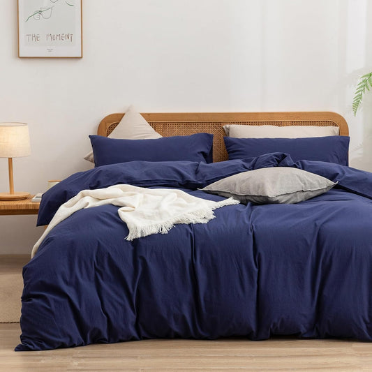 BESTOUCH Duvet Cover Set 100% Washed Cotton Linen Feel Super Soft Comfortable Chic Lightweight 3 PCs Home Bedding Set Solid Navy Blue Cal King