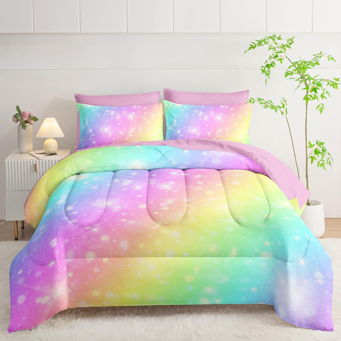 7 Piece Rainbow Comforter Set - Bed in a Bag, Pastel Galaxy Bedding Queen, Soft Microfiber, Kids/Teens/Girls, All Season