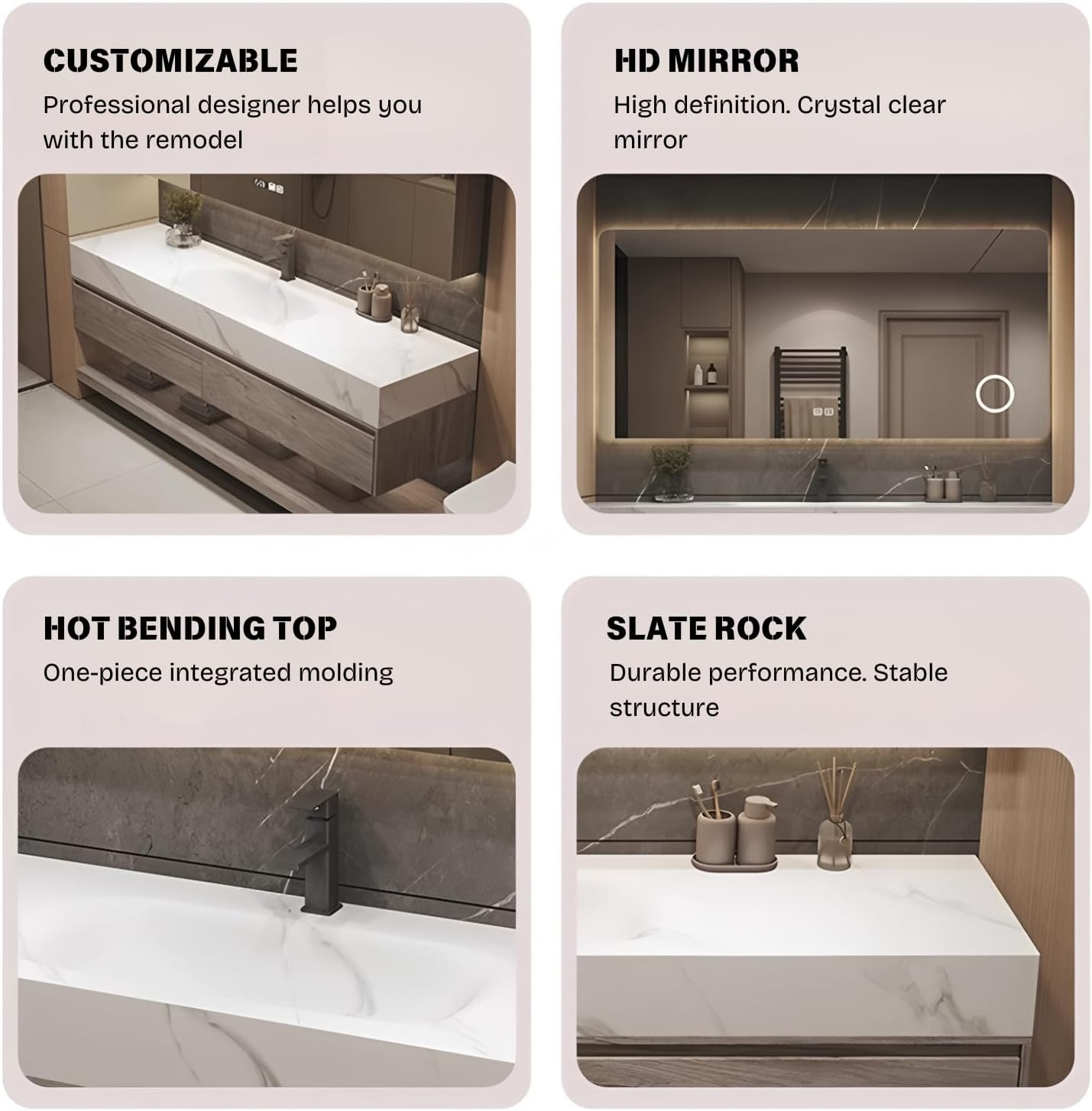 Floating Bathroom Sink Vanity 60Inch, Solid Wood Bathroom Vanities Set Includes Smart Rectangular Mirror, Slate Countertop and Integrated Sink, Modern Bathroom Cabinet with Drawers and Open Storage