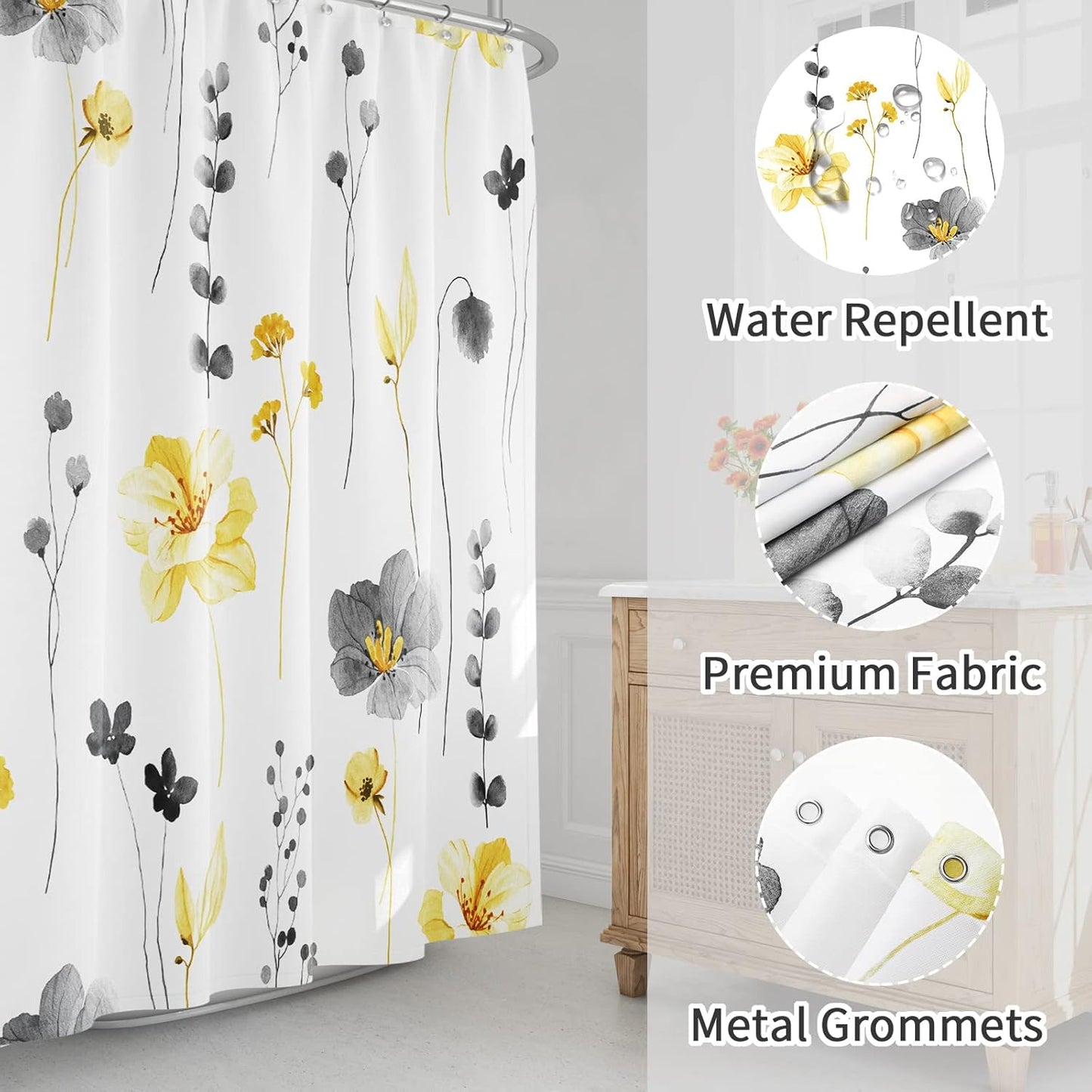 Gibelle Small Stall Shower Curtain 36 x 72, Narrow Half Watercolor Floral Fabric Shower Curtain, Yellow Grey Flower Decorative Bathroom Shower Curtain Set with Hooks