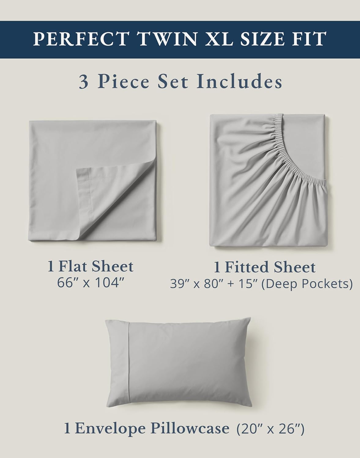 LANE LINEN Twin XL Bed Sheets Set - 100% Mercerized Organic Cotton Twin XL Sheets Set, Soft & Comfy Percale Weave, Machine wash Low Pilling Fade Resistant Luxury Hotel Style Twin XL Sheet Set - Silver