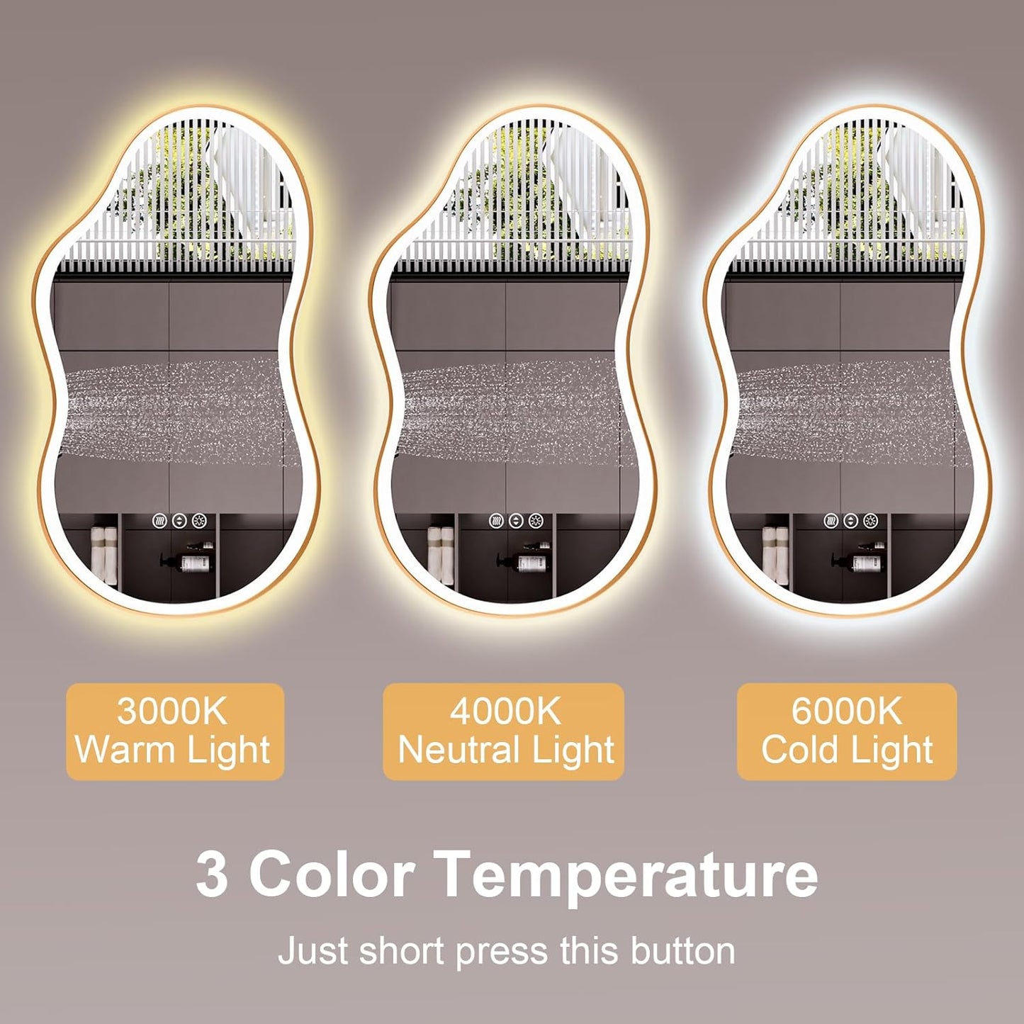 WTTY LED Irregular Bathroom Mirror 20x36 Inch with Front & Back Lights - Asymmetrical Design, Anti-Fog, Dimmable 3 Color Temperatures, Shatterproof Glass, Horizontal or Vertical Mount (Gold Frame)