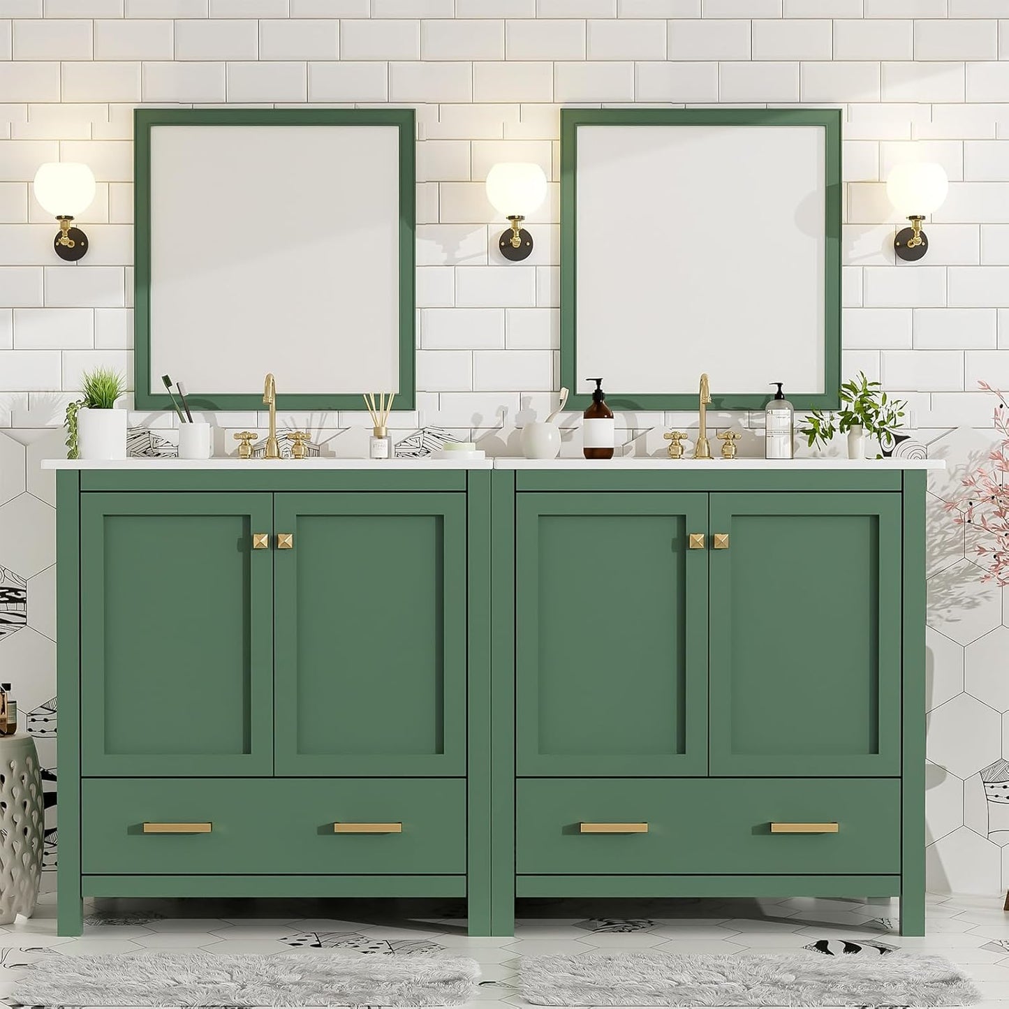 60" Bathroom Vanity Set with Double Vanities, Double Ceramic Sinks, Storage Shelf, Soft Closing Doors, Divided Drawers (Mirror not Included), Large Bathroom Vanity Sink Set (Green)