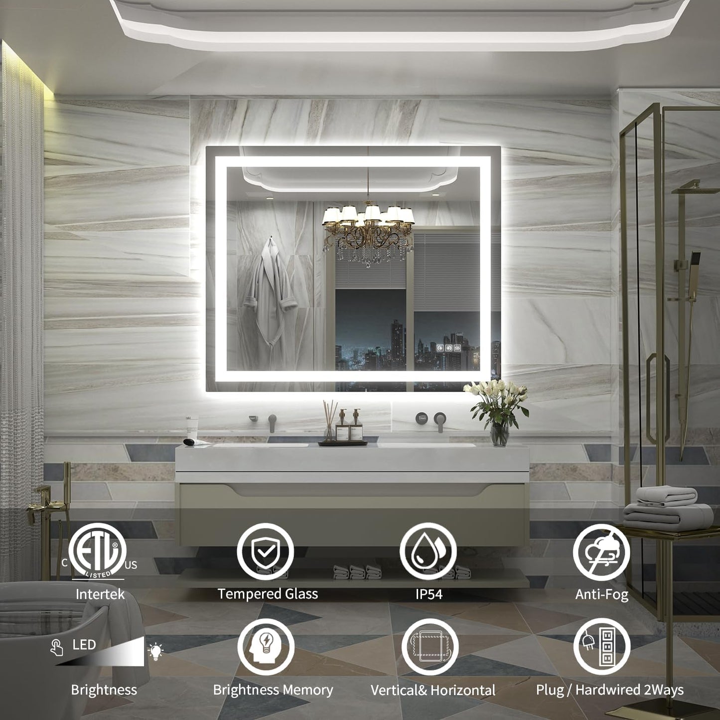 LED Mirror for Bathroom, 48x40 Inch Backlit + Front Lighted Bathroom Vanity Mirror with Lights for Wall, Double Light Strips, 3 Colors, Shatter-Proof, Anti-Fog and Brightness Memory