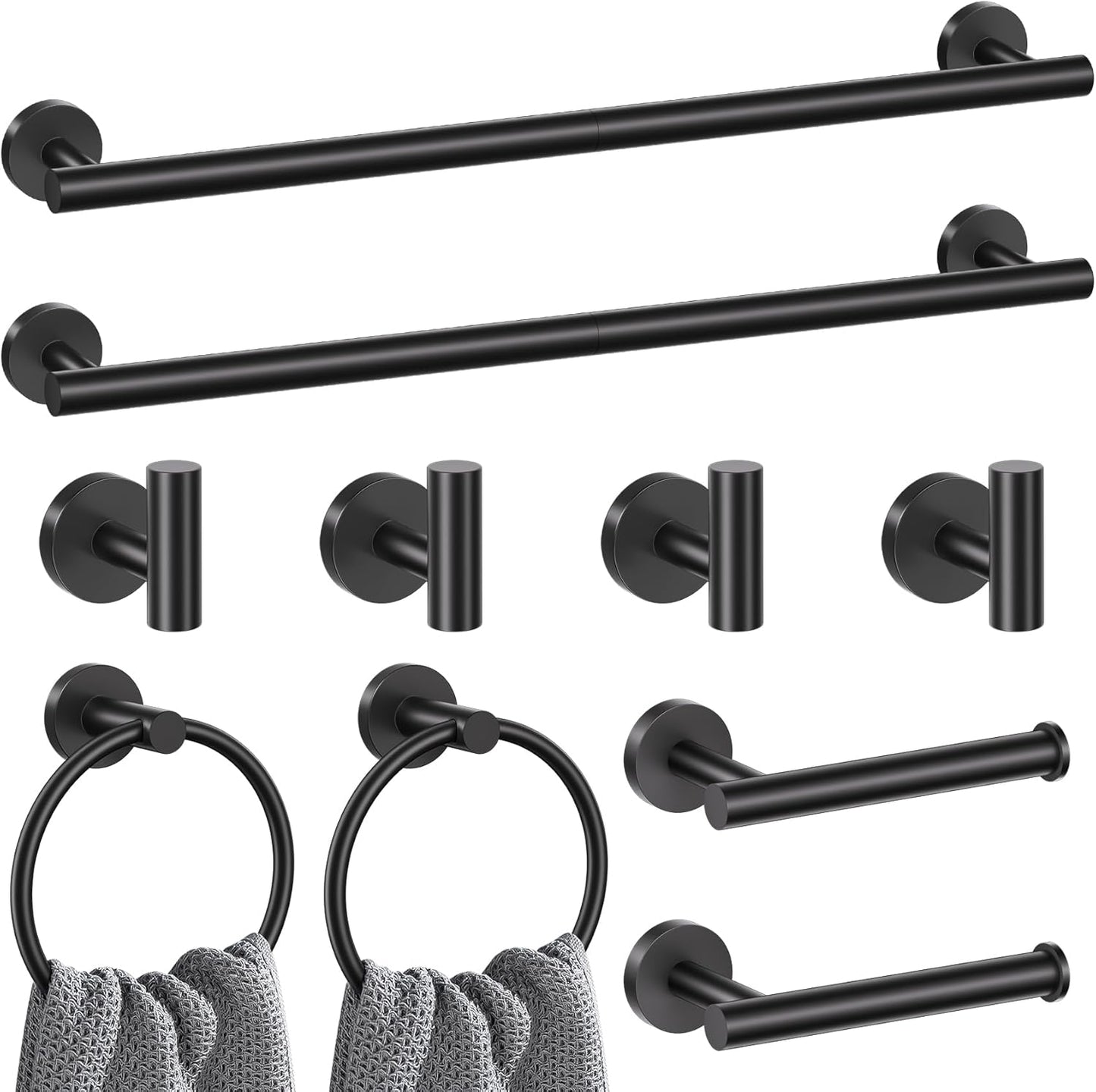 Lairuier Matte Black Bathroom Hardware Set, 10-Piece Towel Bar Set SUS304 Stainless Steel Bathroom Hardware Accessories Set Round Towel Holder Set Wall Mounted