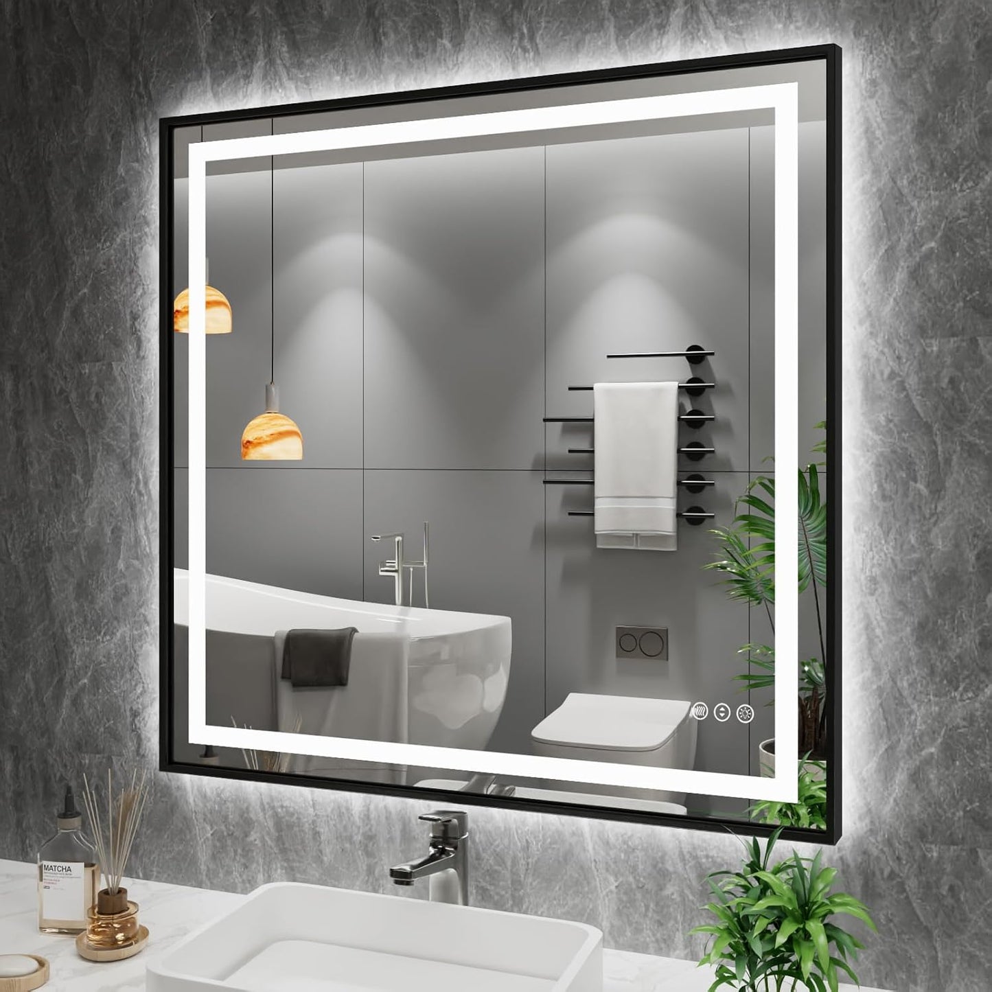 Amorho 40" X38" LED Mirror for Bathroom Black Framed, Front Light and Backlit, Stepless Dimmable, Anti-Fog, Shatter-Proof, Memory, 3 Colors, Double LED Vanity Mirror