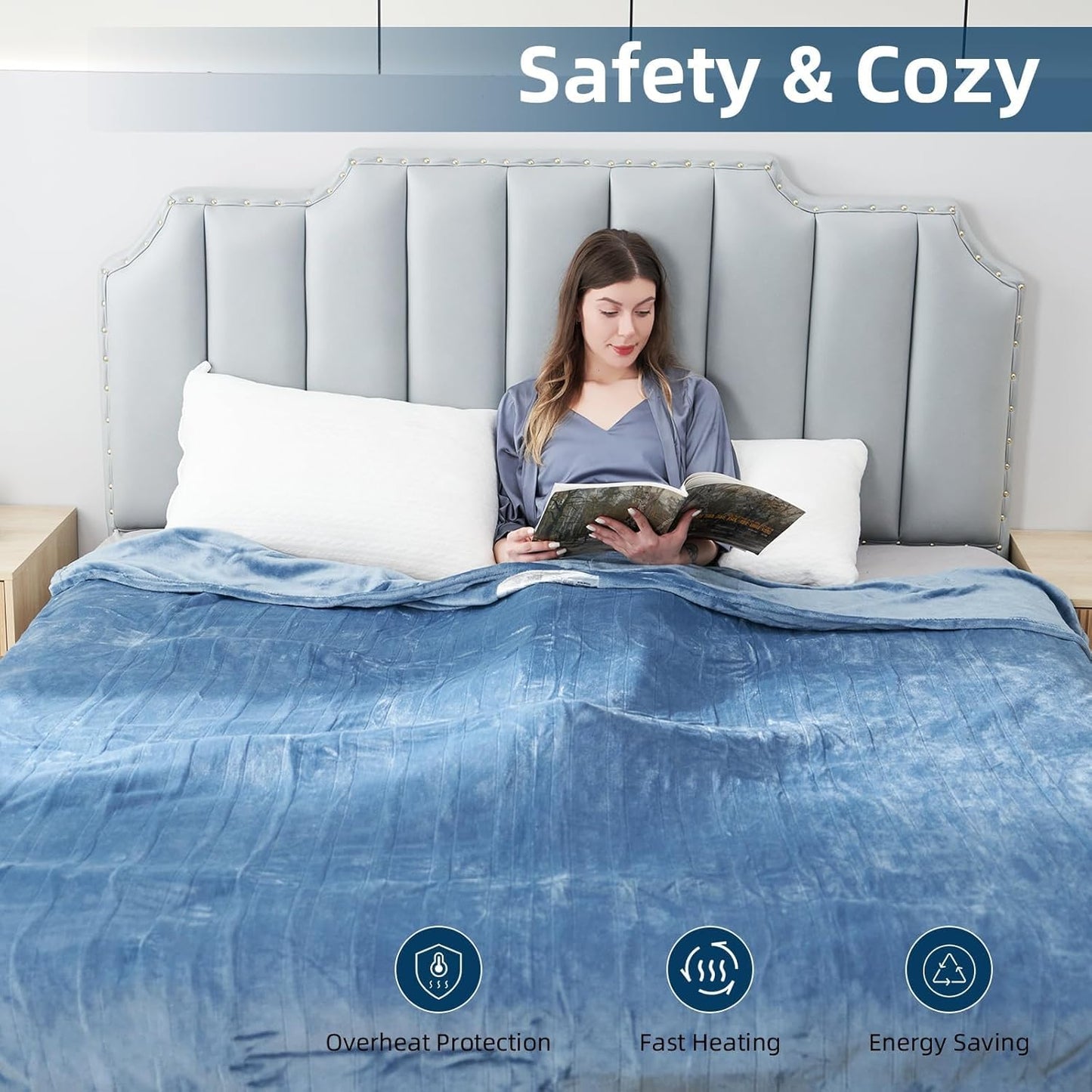 Electric Heated Blanket Full Size 72"x 84", Super Cozy Soft with 6 Heat Levels & 10 Hours Auto of, Quick Heating for Bedroom Living Room Machine Washable, Light Blue Grey