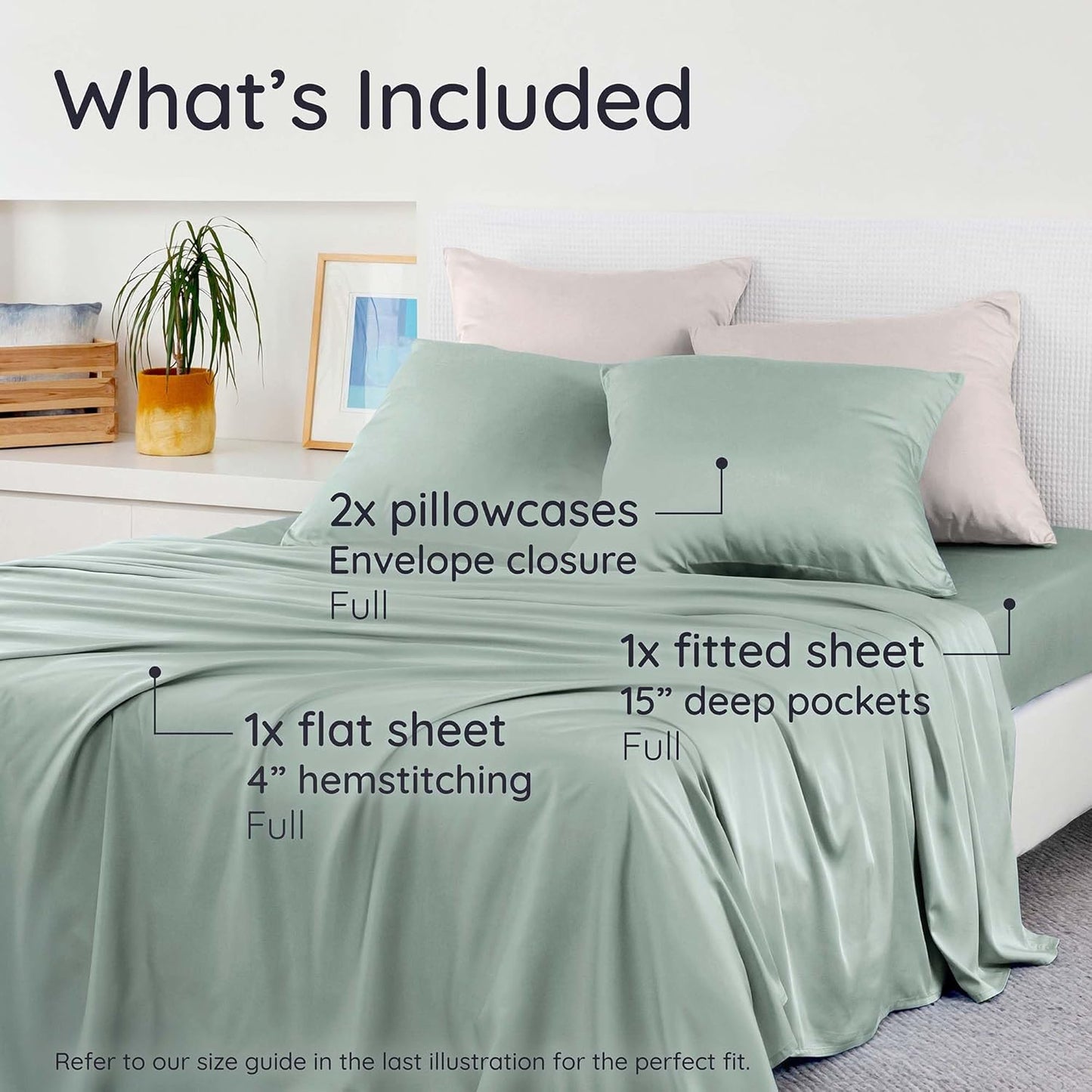 Bambaw 100% Viscose Derived from Bamboo Sheets Full Size Set – 4pcs Cooling Sheets for Hot Sleepers, Super Soft Full Size Sheet Set, with Elastic Corner Straps, Hotel Luxury Bedding (Sea Glass)