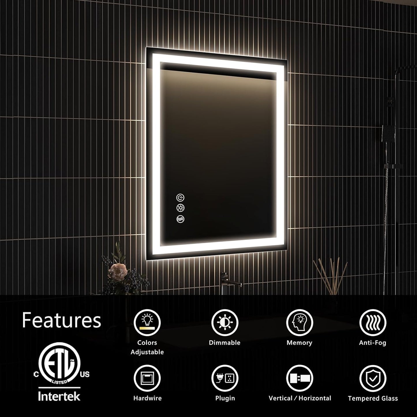 APRILSOUL 24x32 Inch LED Bathroom Mirror with Front and Backlit, Makeup Mirror with 3 Color Lights, Memory Function, Anti-Fog and Dimmable Light (Horizontal/Vertical)