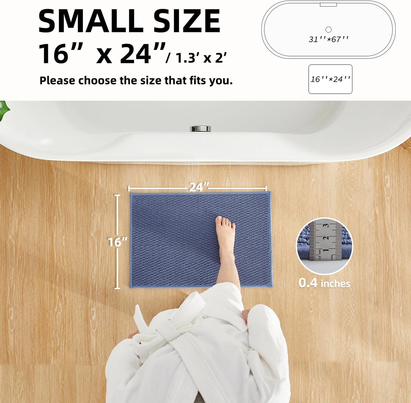 Bathroom Rugs Non Slip Washable, Super Absorbent Thin Bath Mat Small Quick Dry Low Pile Bathroom Rug, Denim Blue 16"x24"