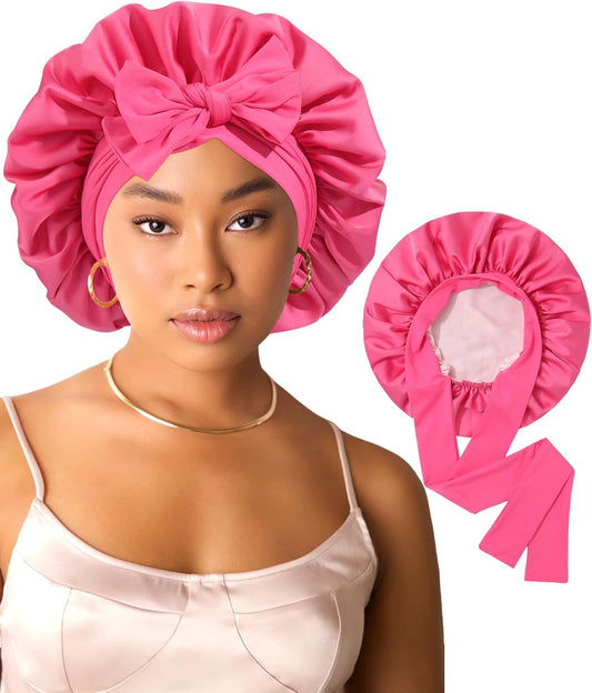 AWAYTR Women Satin Bonnet for Sleeping - Double Layer Silk Hair Bonnet with Elastic Tie Band for Braids Curly Hair