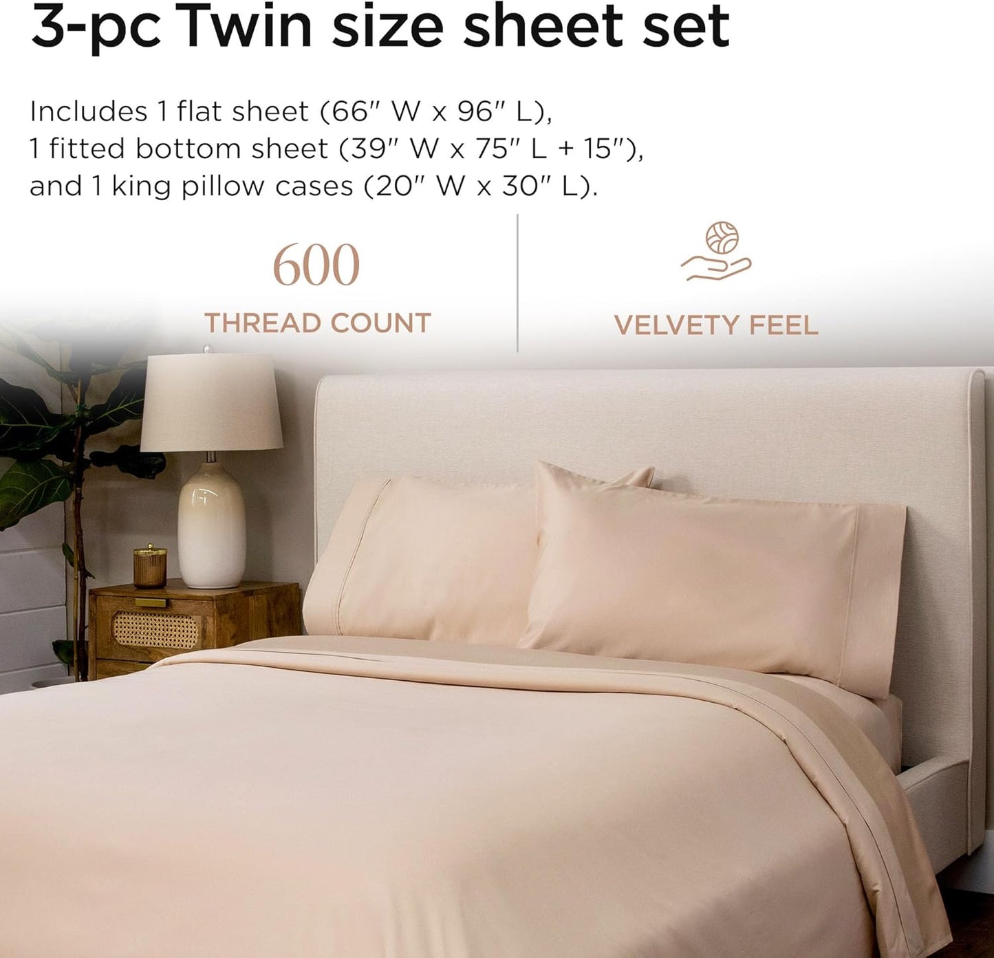 Threadmill 100% Cotton Sheets for Twin Size Bed - 600 Thread Count Twin Bed Sheets Set with 15” Deep Pocket - Sateen Weave 3-Piece Bedding Set with Cooling Effect, Beige