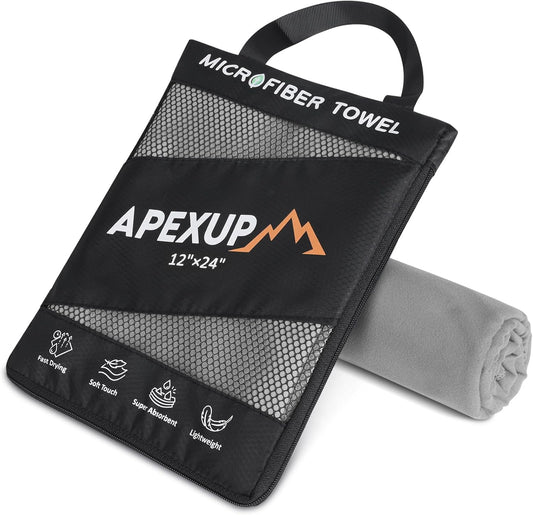 APEXUP Microfiber Travel Towel, Ultra Absorbent Quick Dry Towels, Lightweight Gym Sports Camping Towel for Workout, Yoga, Beach, Shower, Swimming (24"×12", Gray)