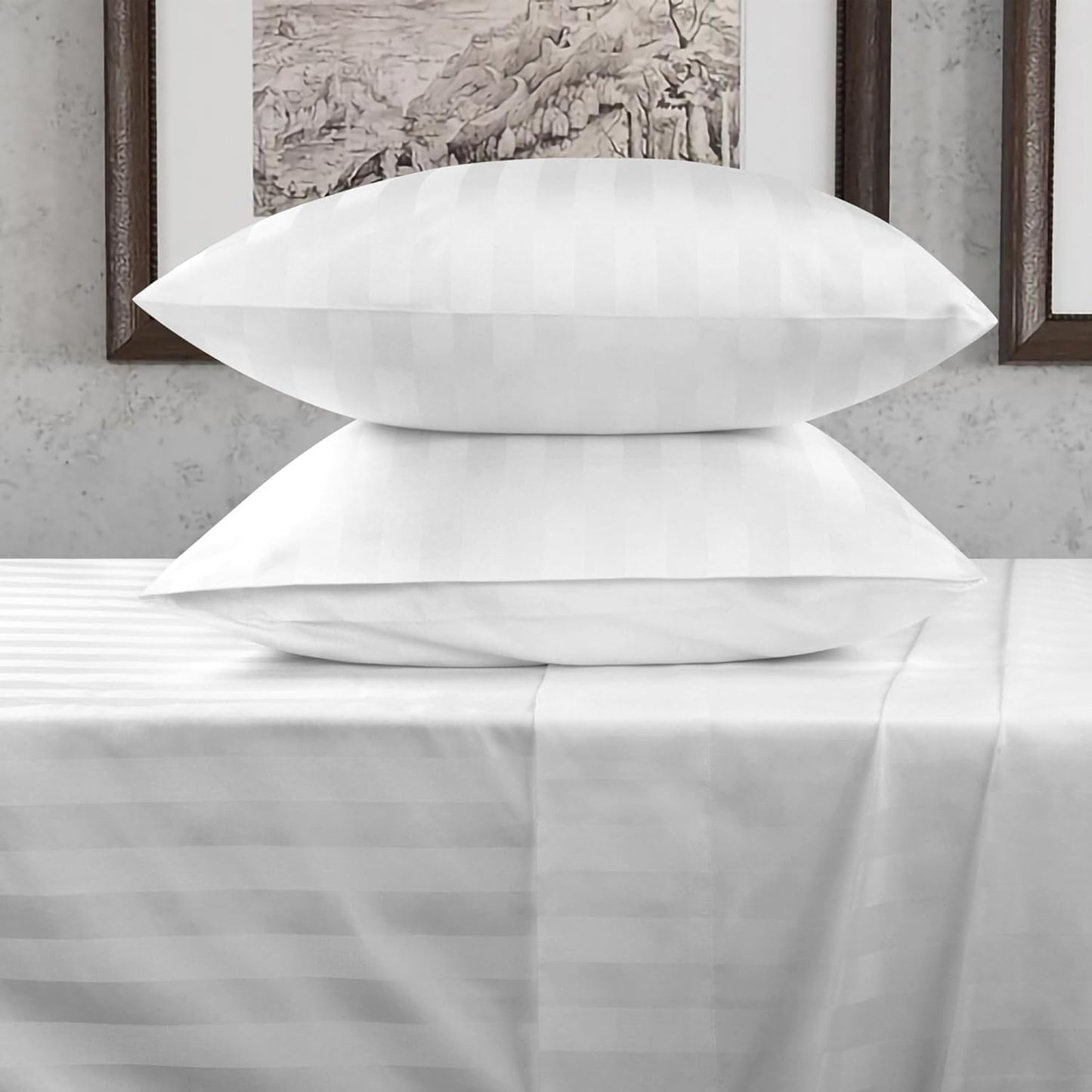 URBANHUT 1000 Thread Count Pure Cotton Damask Striped Twin Size Sheets Set (4 Pc) - Ultra Soft & Smooth, Thick & Crisp Sateen Weave Full Bedding Set, Fits Upto 16" Mattress - White