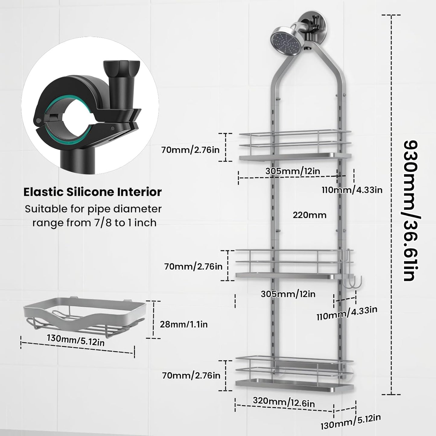 Shower Caddy Hanging (Silver), Adjustable Anti-Swing-Over The Shower Head Caddy, 3 Tier Height Bathroom Storage Organizer, Bathroom Shelves Basket Rack, Shower Caddies Rack with Adjustable Soap Basket