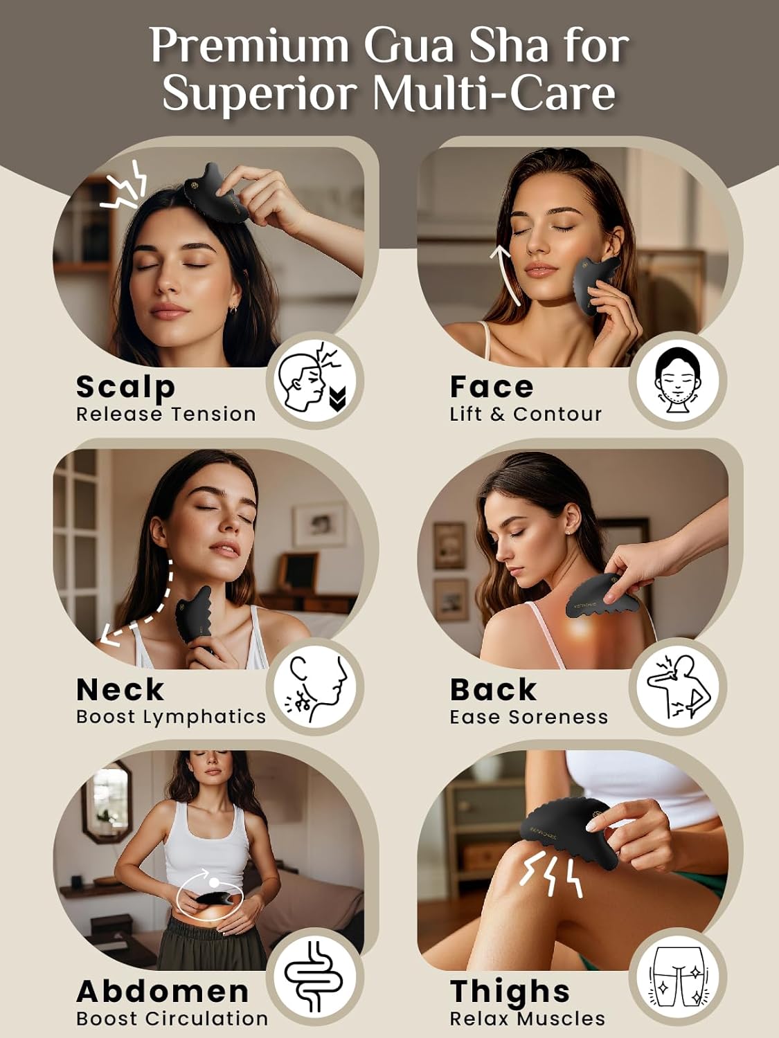 Rena Chris Body Gua Sha Tools, Natural BianStone Guasha Tool, Manual Massage Sticks for Jawline Sculpting and Puffiness Reducing, Whole Body Skin Care Massager (Black)