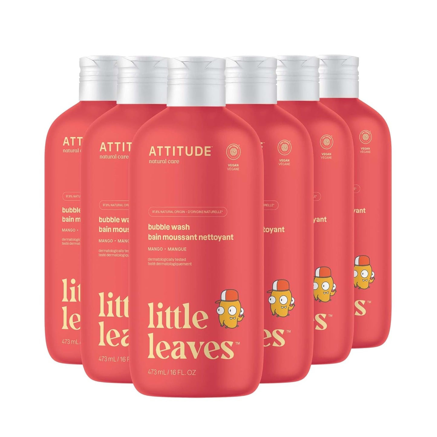 ATTITUDE Bubble Wash for Kids, EWG Verified Bubble Bath, Hair Shampoo and Body Soap, Dermatologically Tested, Plant- and Mineral-Based, Vegan, Mango, 16 Fl Oz (Pack of 6)