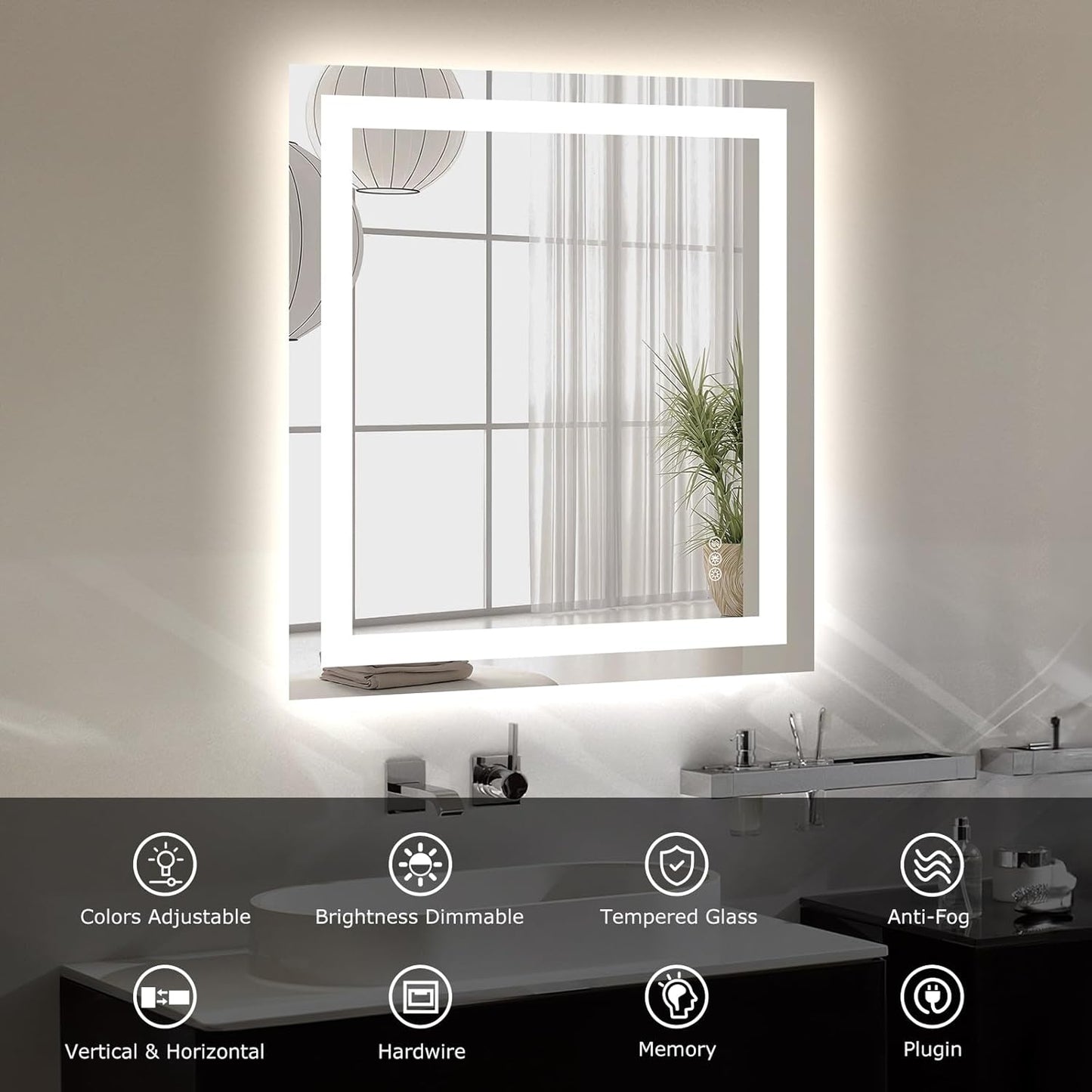 LED Bathroom Mirror with Lights 28x32 Wall Vanity LED Mirror Stepless Dimmable,Double Front and Backlight,Anti-Fog,Memory Smart Mirror for Bathroom