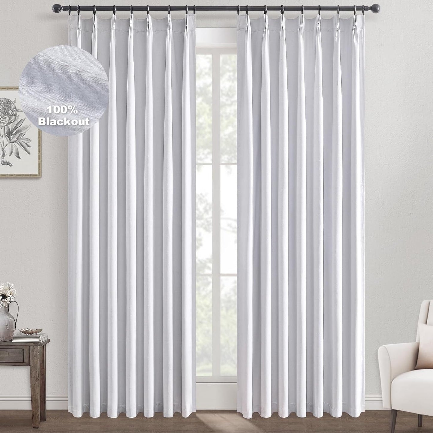 Topfinel White Extra Long Total Blackout Linen Curtains 108 Inches Long for Living Room Large Window with Hooks Rings, Pinch Pleated Cold Blocking Acoustic Heavy Ivory Track Curtains 2 Panels 9 FT
