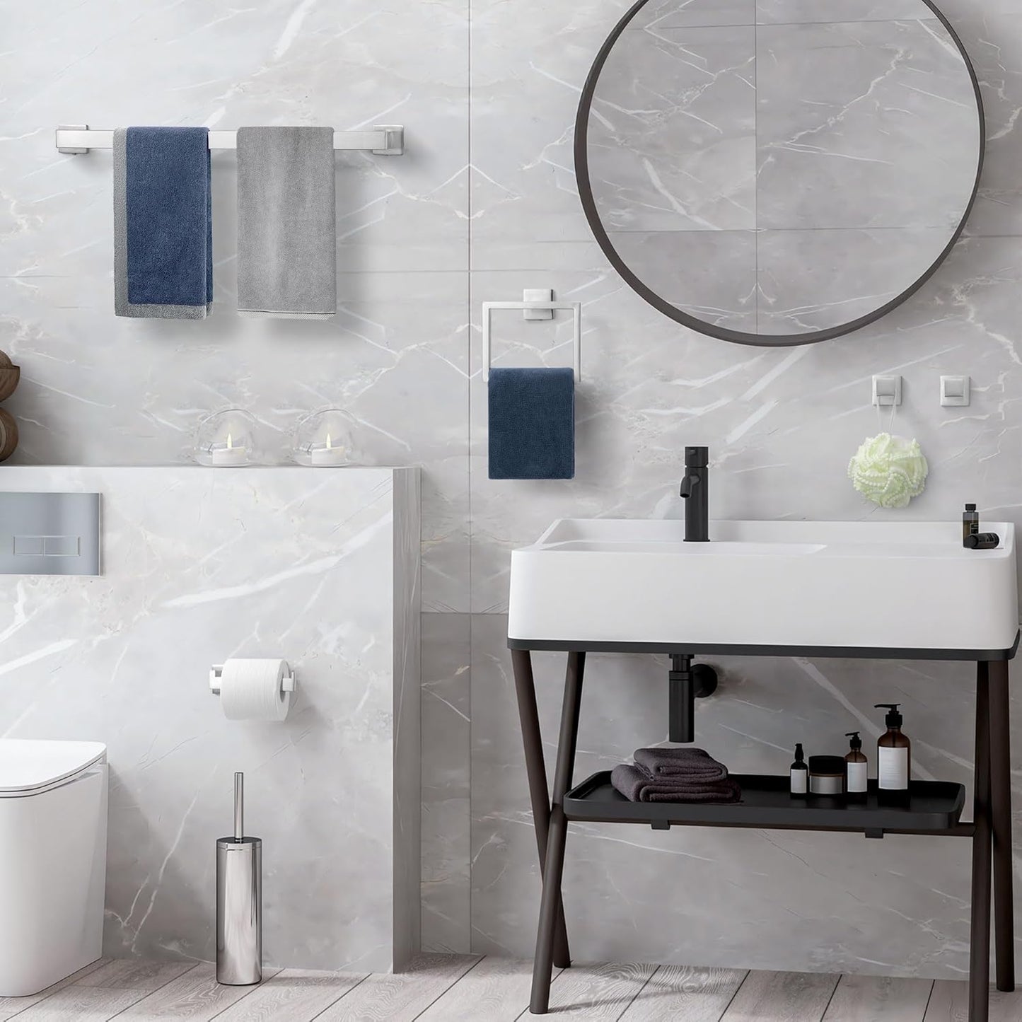 Bathroom Accessory Towel Bar Set: 5 Pieces Brushed Nickel Square Bathroom Hardware SUS304 Stainless Steel - 24 Inch Wall Mounted Towel Rack&Toilet Paper Holder&Towel Ring and Towel Hook