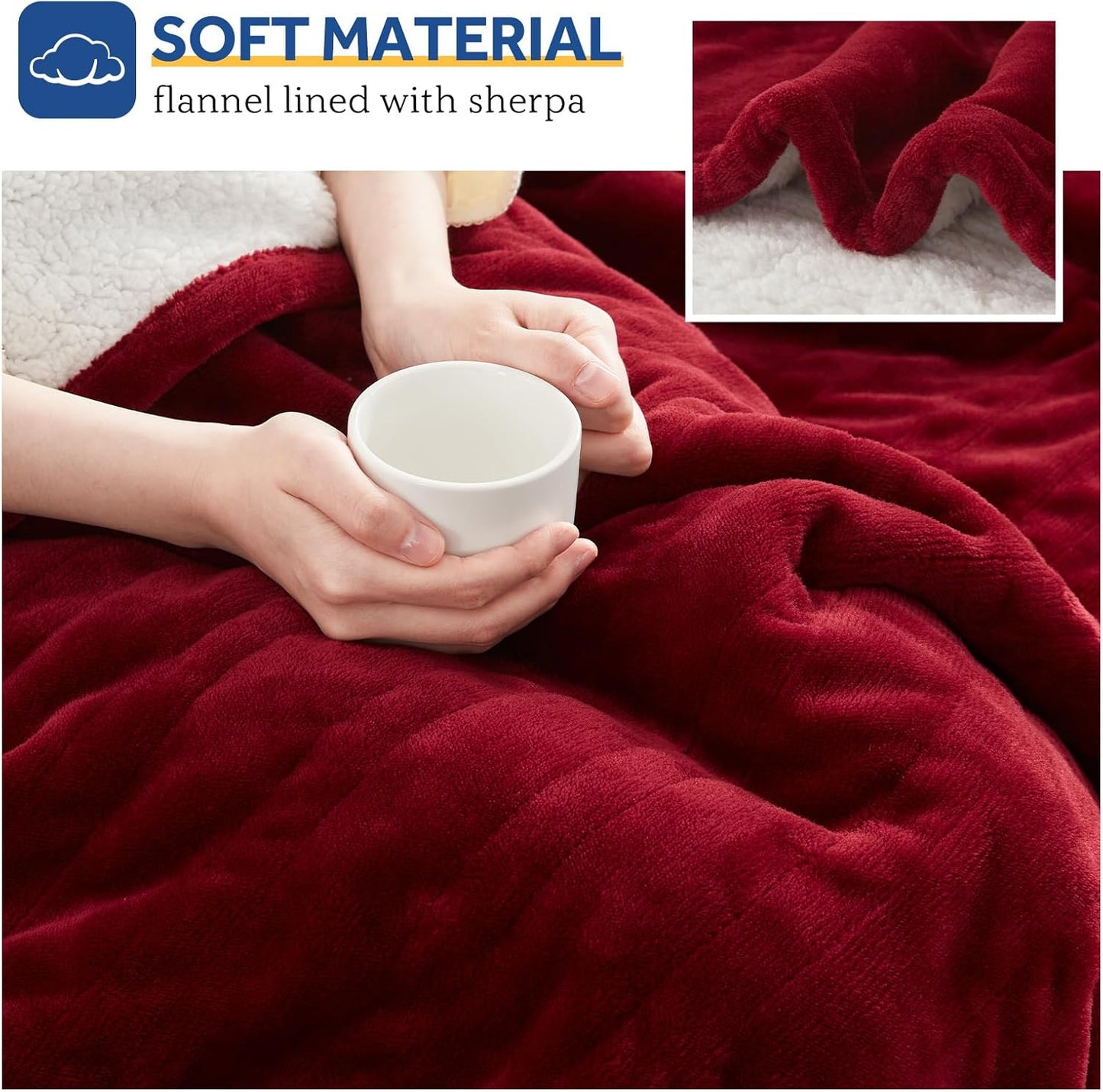 SEALY Heated Throw Blanket, Flannel & Sherpa Cozy Soft Electric Throw with 6 Heat Settings & 2-10 Hours Auto Shut Off, Machine Washable, 50x60 Inch, Burgundy
