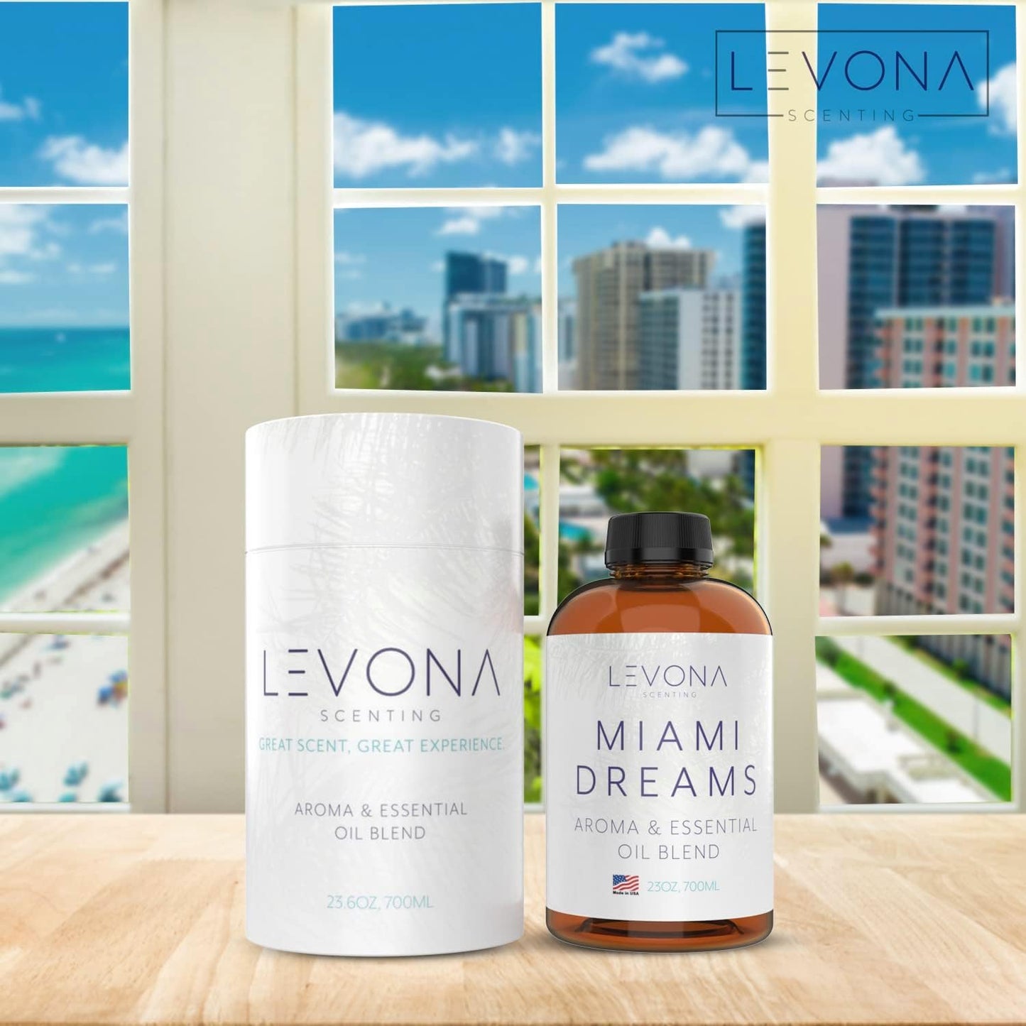 Levona Scent Essential Oil - Fresh Aroma for Home, Office, Hotel & Spa, Perfect in Humidifiers and Diffusers, Luxury Fragrance, with Bergamot, Pine, Rose, Earthy Notes - 700ml/ 23 fl oz, Miami Dreams