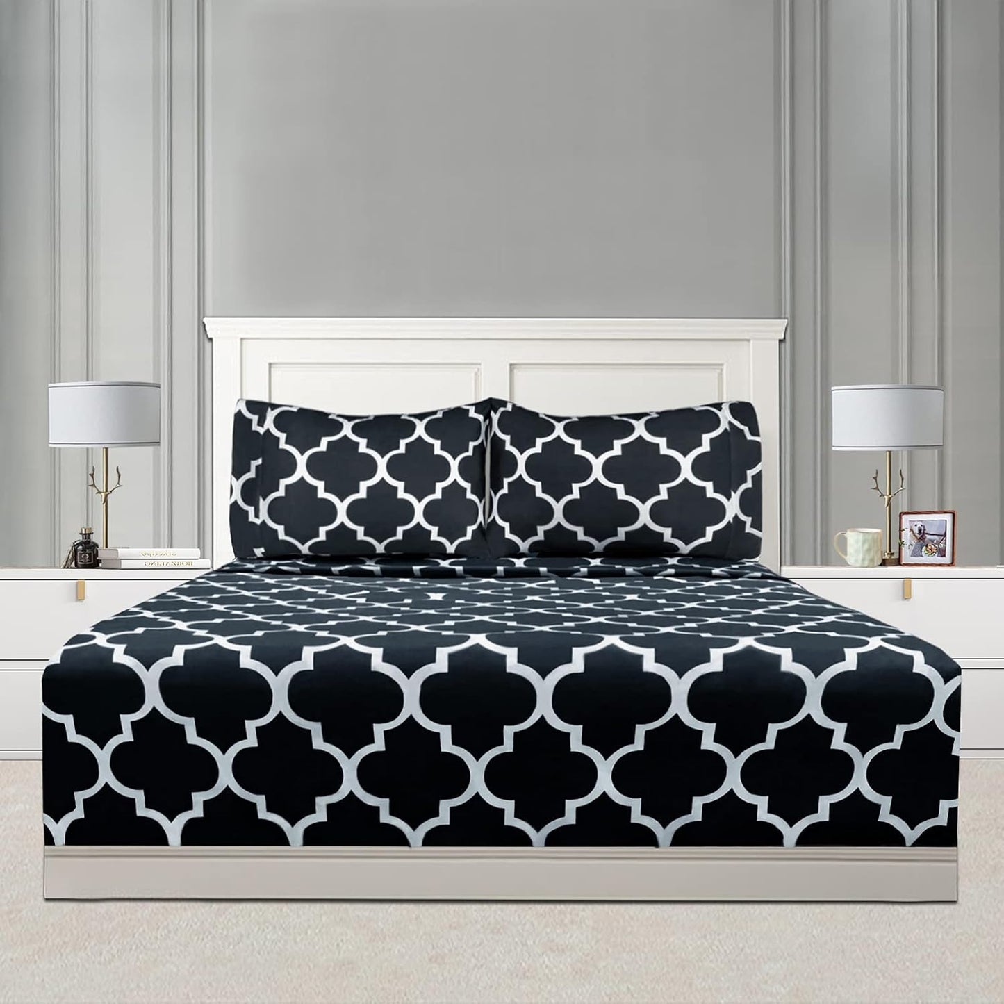 Mejoroom Queen Bed Sheet Set - Super Soft Brushed Microfiber 1800 Thread Count Queen Sheets with 16 inch Deep Pocket - Wrinkle Free - 4 Piece(Queen, Black Quatrefoil with White Pattern)