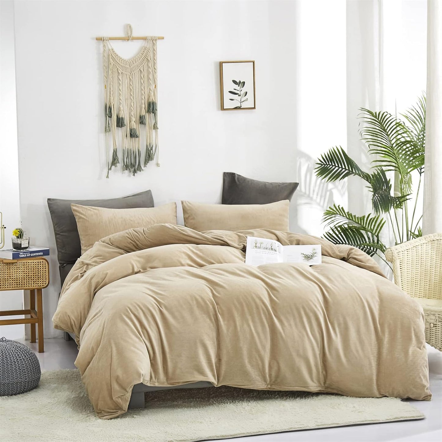 Cottonight Cream Coffee Velvet Comforter Set California King Khaki Bedding Comforter Set Dark Champagne Brown Solid Blanket Quilts Flannel Modern Winter Warm Taupe 3 Piece Light Coffee Bedding Set