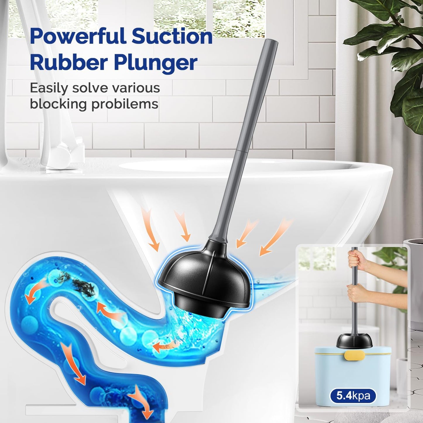 HAMITOR Toilet Plunger Bowl Brush Combo：Heavy Duty Rubber for Drain Clog Remover - Curved Design Bristles for Deep Cleaning Under Rim - Compact Bathroom Cleaning Tools for New Homet Essentials -Gray