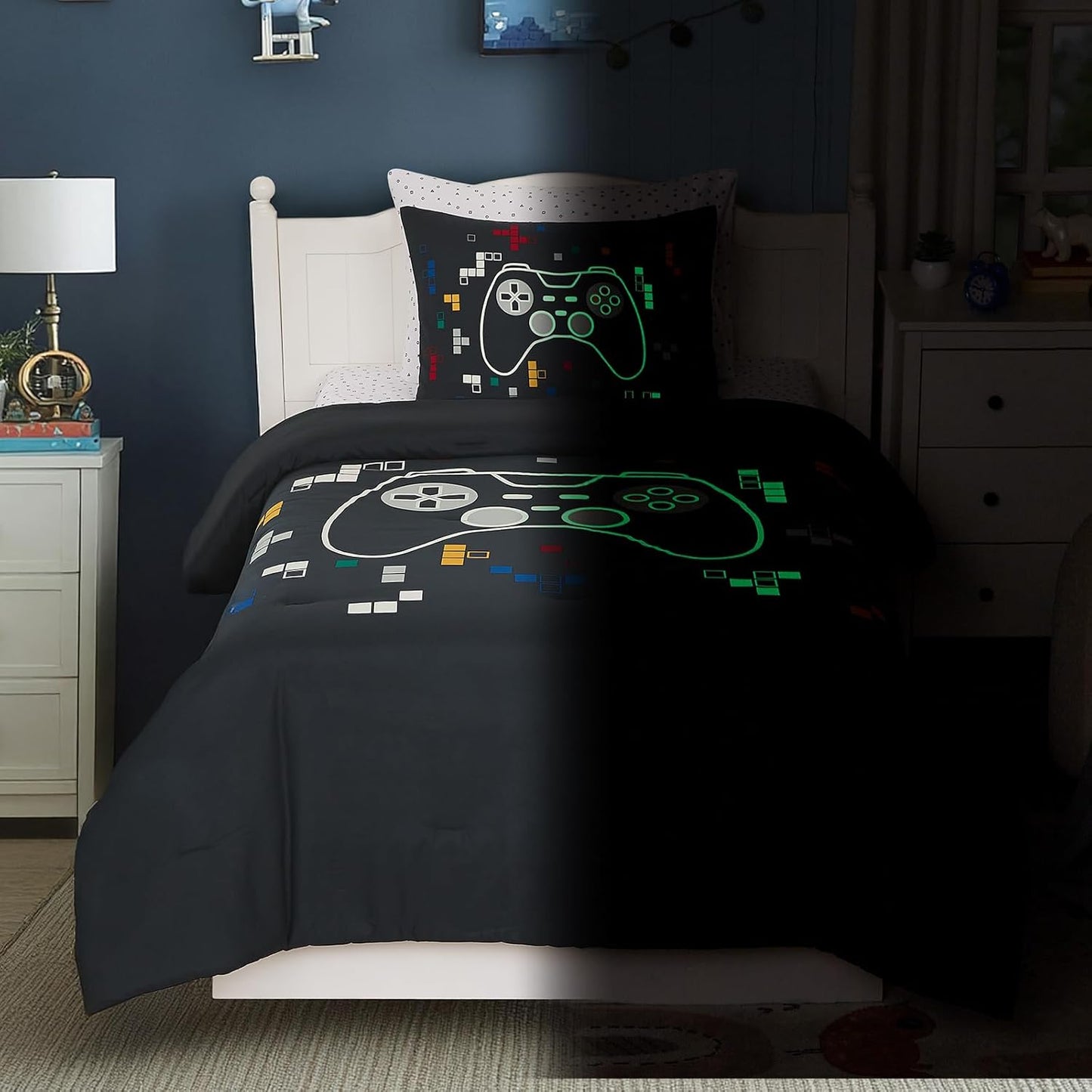 Twin Comforter Set for Boys-5 Pieces Gamer Glow in The Dark Twin Bedding Sets for Kids, Ultra Soft Bed in A Bag with Sheets