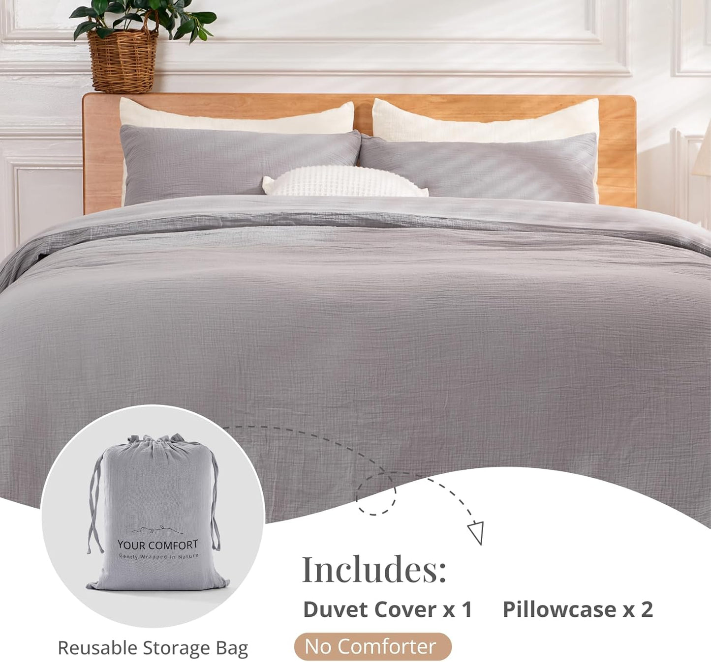 Gray Duvet Cover Queen Size, 100% Sandwashed Cotton Soft Queen Duvet Cover Set 3 Pieces with Zipper Clousre & Corner Buttons (Gray, Queen 90 x 90)