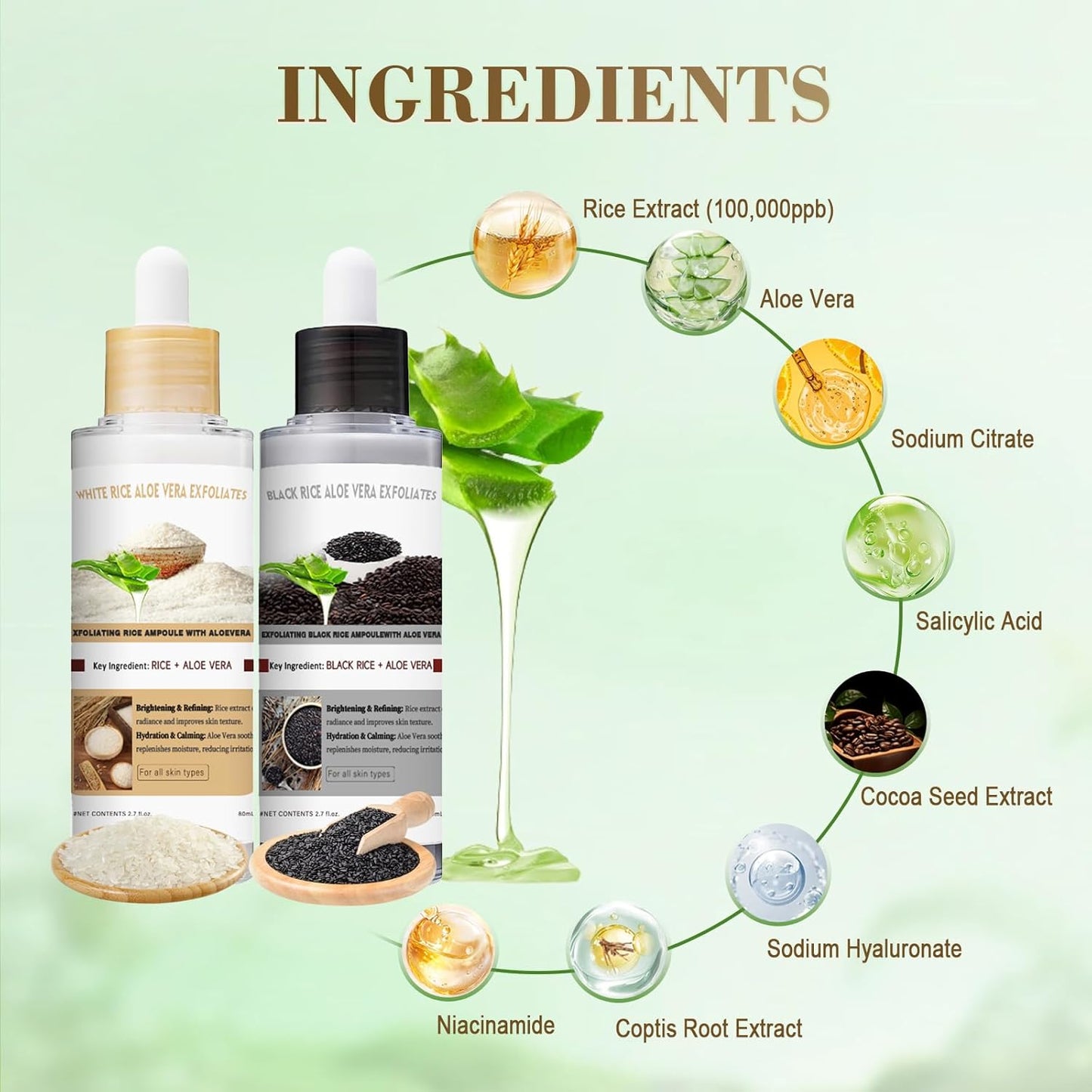 Aloe Vera Glow Black and White Rice Ampoule Duo, White & Black Rice Exfoliant Face and Body Scrub with Aloe Vera & Rice Extract，Moderate Exfoliating Facial Gel for All Skin Types