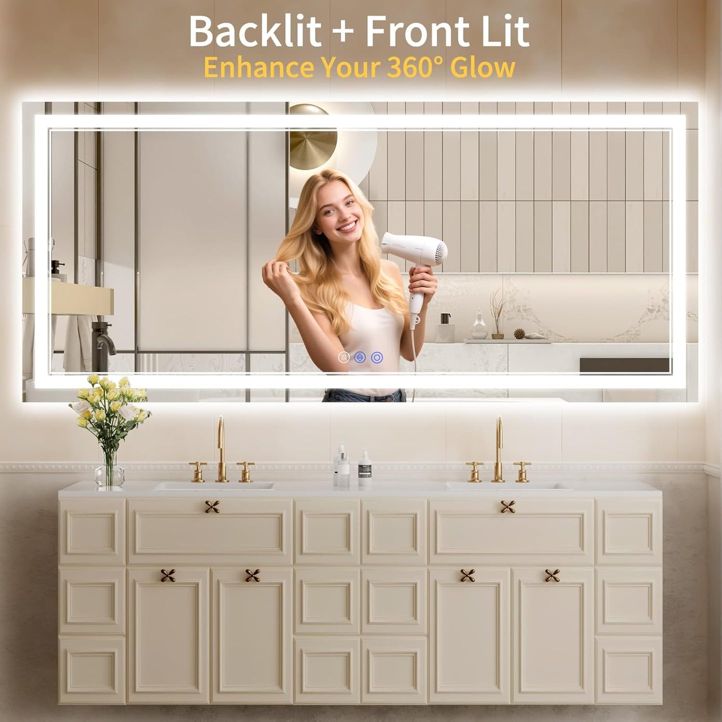 32"x72" LED Bathroom Mirror with Lights, Anti-Fog, Backlit + Front Lit, Dimmable, Led Vanity Mirror for Wall, Lighted Bathroom Mirror, 3 Colors, Shatter-Proof Tempered Glass