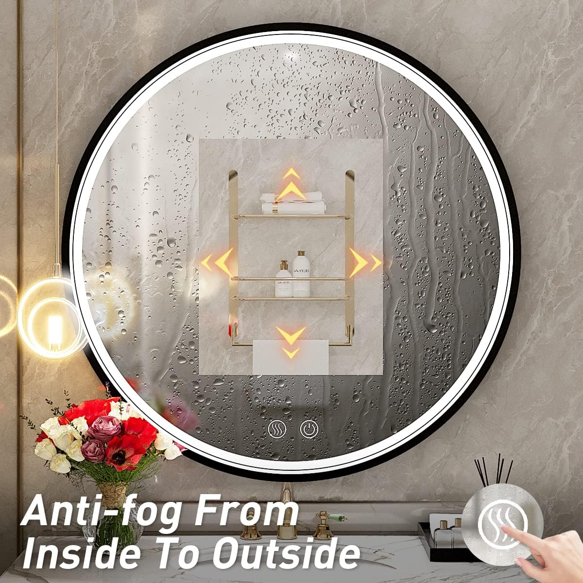 28" Round LED Bathroom Mirror, Dimmable Anti-Fog Vanity Mirror with Touch Control, 6000K Natural Light, Black Metal Frame, Wall Mounted for Makeup Shaving (IP54, 90+ CRI)