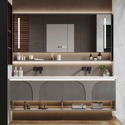 Double Bathroom Vanity with Sink, 80IN Floating Bathroom Vanity Set with LED Smart Defogging Mirror Cabinet and Open Shelf, Oak Wood Bathroom Cabinet with Two Drawers and Bottom Open Storage (Grey)