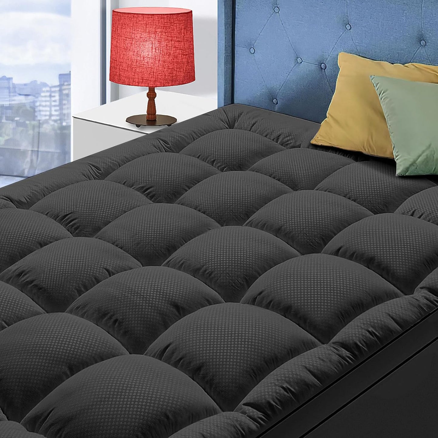 California King Mattress Topper for Back Pain, Cooling Extra Thick Mattress Pad Cover with 8-21 inch Deep Pocket, Plush Pillow Top Mattress Topper Overfilled with Down Alternative,Cal King,Black