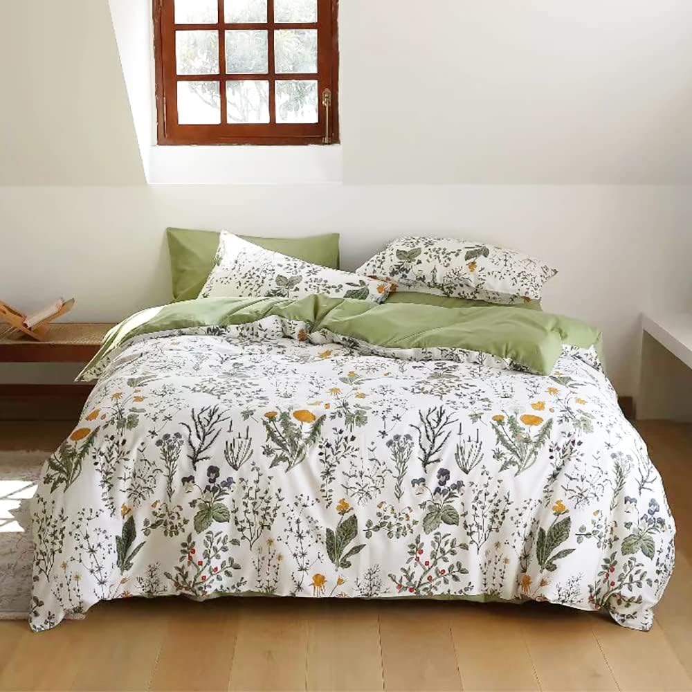 KAREVER Botanical Comforter Queen Sage Green Floral Plant Bedding Set Garden Pattern Printed Reversible Blanket 3 PCs Breathable White Floral Bed Comforter Set