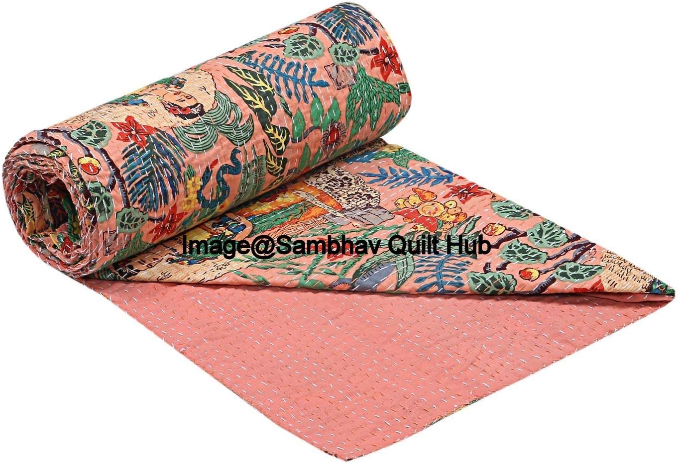 Floral Printed Cotton Quilted Blanket Indian Handmade Bedspread Kantha Work Bohemian Bed Decor Throw Blanket Twin/King/Queen (90X108 inches)