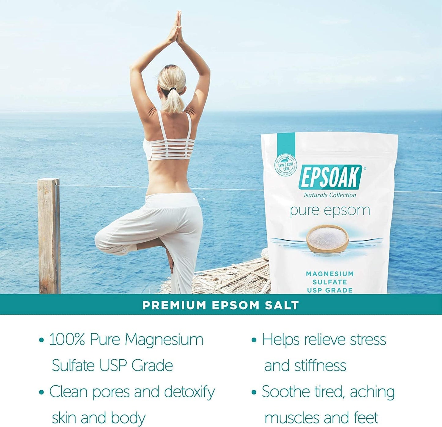Epsoak Epsom Salt 10 lb. Magnesium Sulfate USP. (Qty. 1 x 10lb. Bags) Resealable Epsom Salt Bulk Bags Unscented, Made in The USA, Cruelty-Free Certified