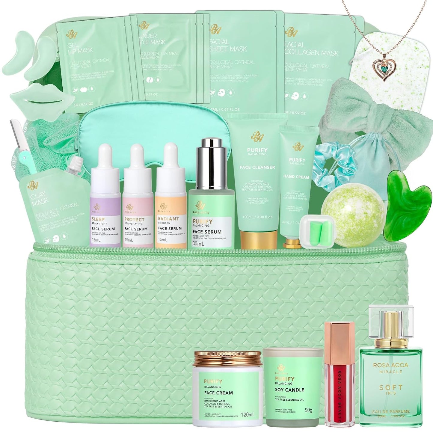 Christmas Gifts for Women, 33 Pcs Tea Tree Collagen Face Sheet Mask, Skin Care Gift, Self Care Kit Spa Gift Baskets, Necklace, Lip Gloss, Bath and Body Set, Face Serum, Mother Day, Birthday Present