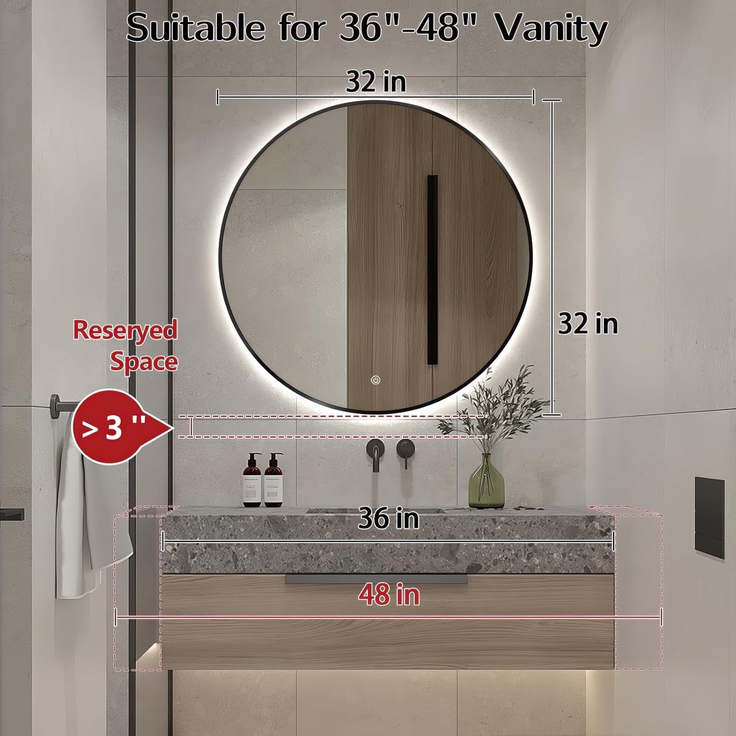 Niccy 32" LED Backlit Round Mirror for Bathroom, Black Framed Vanity Light Wall Mirror LED Smart Circle Mirrors with 3 Lighting Colors, Dimmable Lighted Mirror with Anti-Fog, IP65 Waterproof