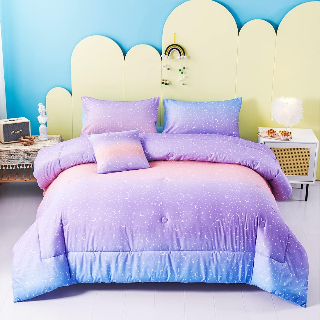 URBONUR Girls Comforter Set Full Size Gradient Purple Orange Moon Star Print Bedding Comforter with Sheets Set 6 Pcs Bed in A Bag (Comforter, Flat Sheet, Fitted Sheet, Pillowcases and Cushion Cover)