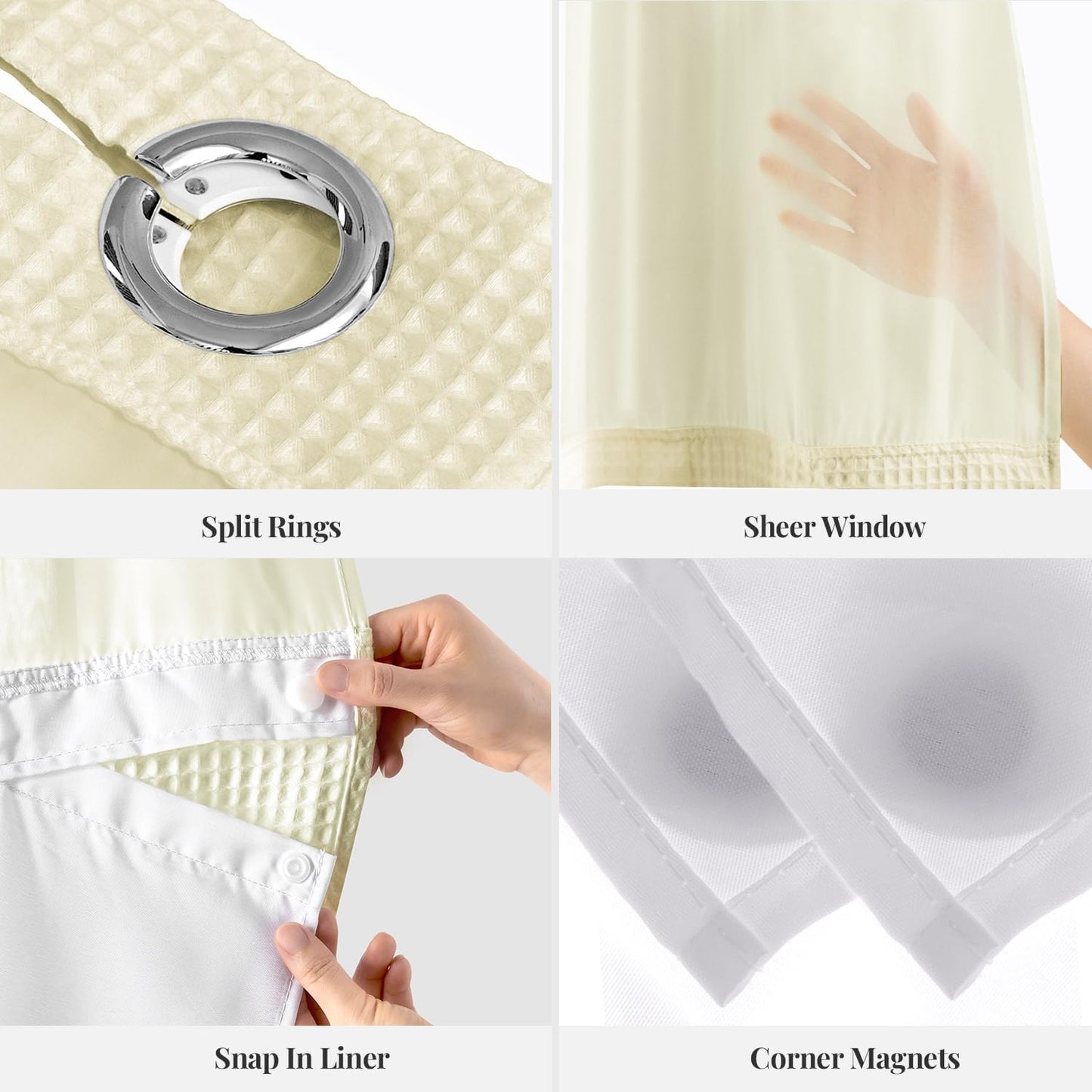 River Dream Cream Fabric Shower Curtain Set, Cotton Blend, Waffle Weave, with Snap in Replacement Liner，71 x 74 inches