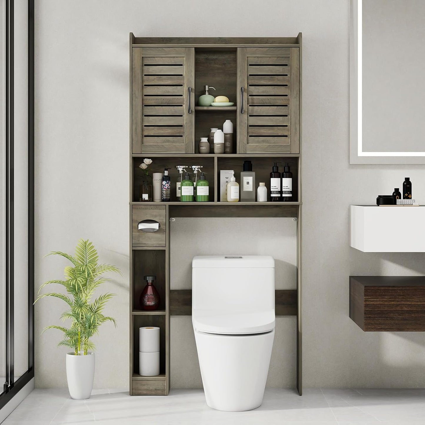 Over The Toilet Storage Cabinet, Farmhouse Storage Cabinet Over Toilet with 2 Louvered Door，Home Space-Saving Toilet Rack, for Restroom, Laundry， Bathroom