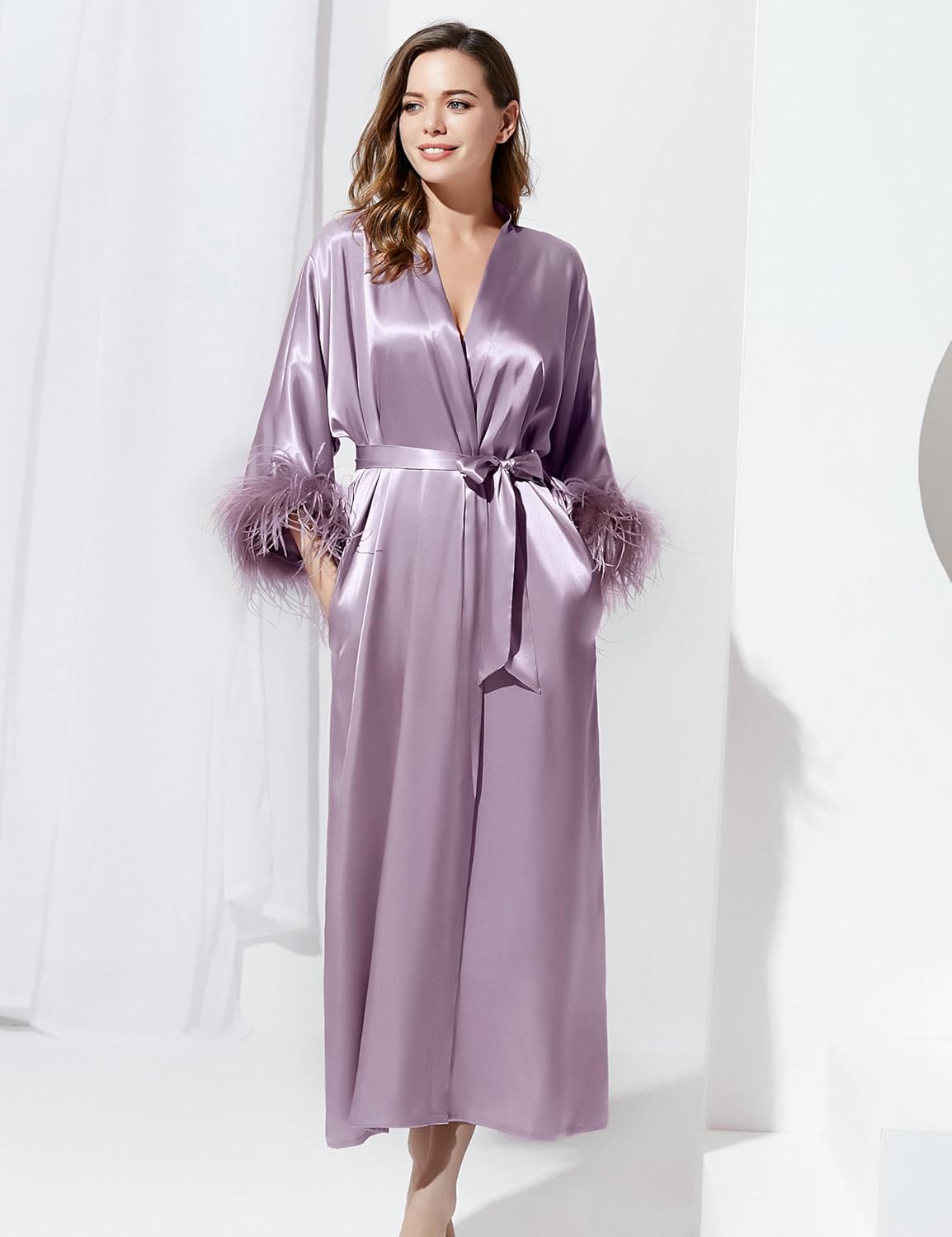 PRODESIGN Satin Kimono Robe Long Silky Bathrobe with Ostrich Feather Trim Sleepwear Wedding Bridesmaid Dressing Gown