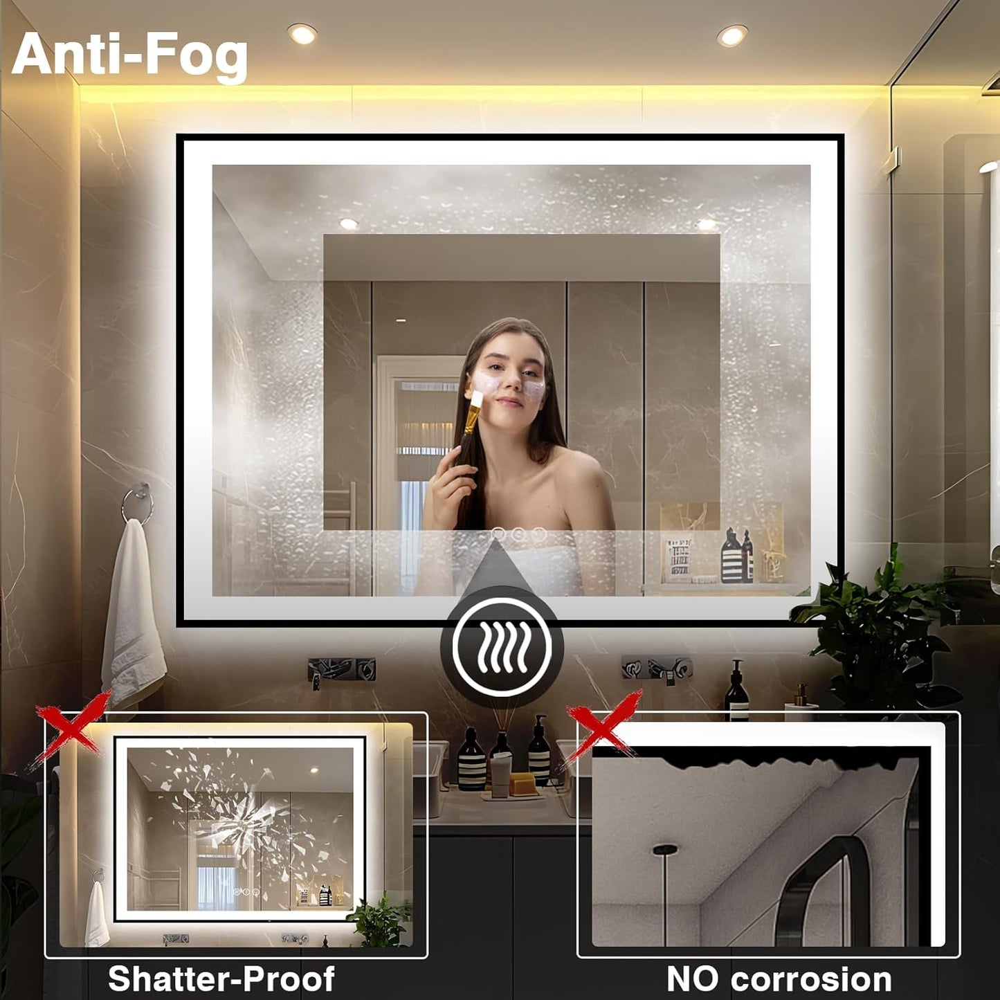 51x40 Bathroom Light up Mirror, Black Double Bright Lights Mirror, Anti-Fog Vanity Mirror with Lights, Stepless Dimmable Illuminated, Touch Control, Waterproof (Horizontal/Vertical)